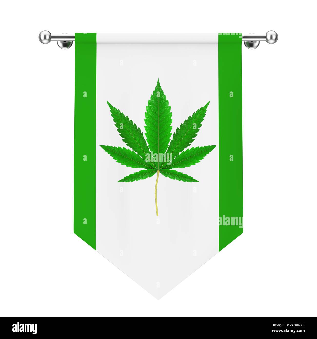 Stoffflagge mit medizinischem Marihuana oder Hanfblatt-Zeichen auf weißem Hintergrund. 3d-Rendering Stockfoto