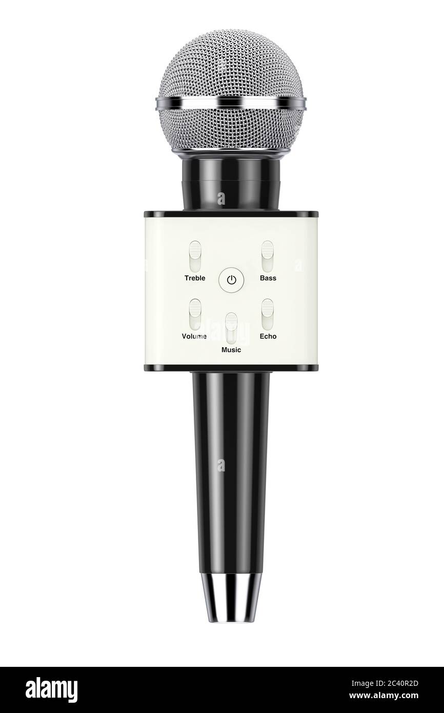 Modernes kabelloses Karaoke-Mikrofon mit persönlicher Stimme und Lautsprecher und Klangregelung auf weißem Hintergrund. 3d-Rendering Stockfoto
