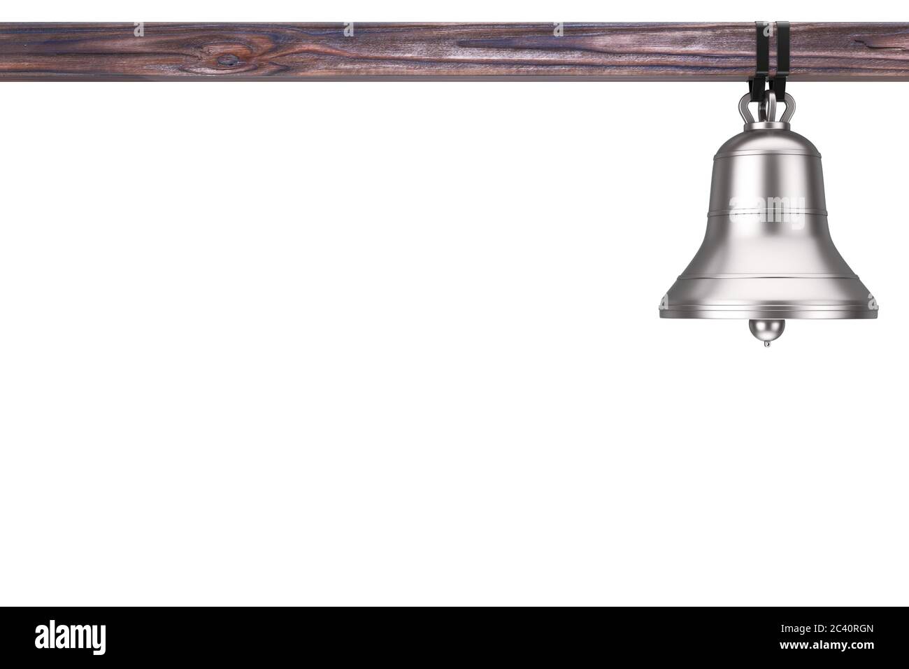 Antikes Kloster Silber große Glocke mit Holzbalken auf weißem Hintergrund. 3d-Rendering Stockfoto