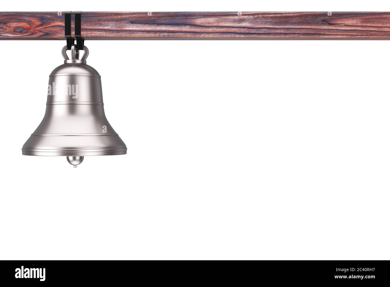 Antikes Kloster Silber große Glocke mit Holzbalken auf weißem Hintergrund. 3d-Rendering Stockfoto