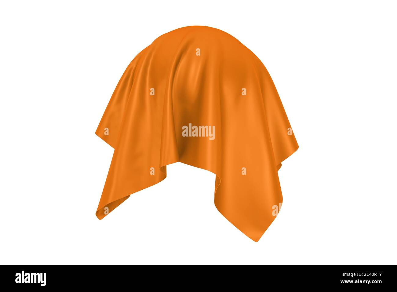 Überraschungs-, Preis- oder Preiskonzept. Wimmelbild mit orangefarbenem Seidenstoff auf weißem Hintergrund bedeckt. 3d-Rendering Stockfoto