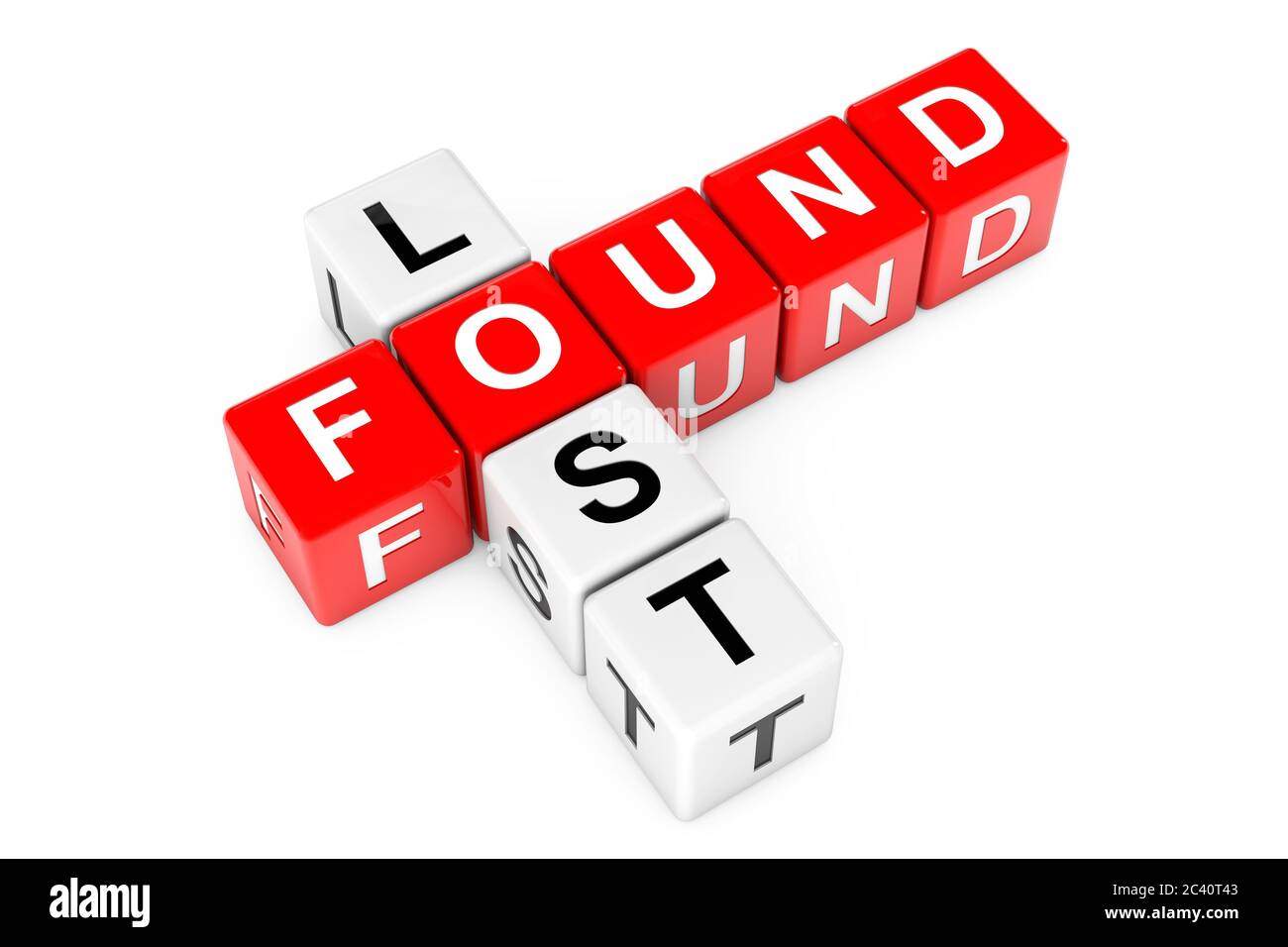 Lost and Found Zeichen als Kreuzworträtsel Würfel Blöcke auf weißem Hintergrund. 3d-Rendering Stockfoto