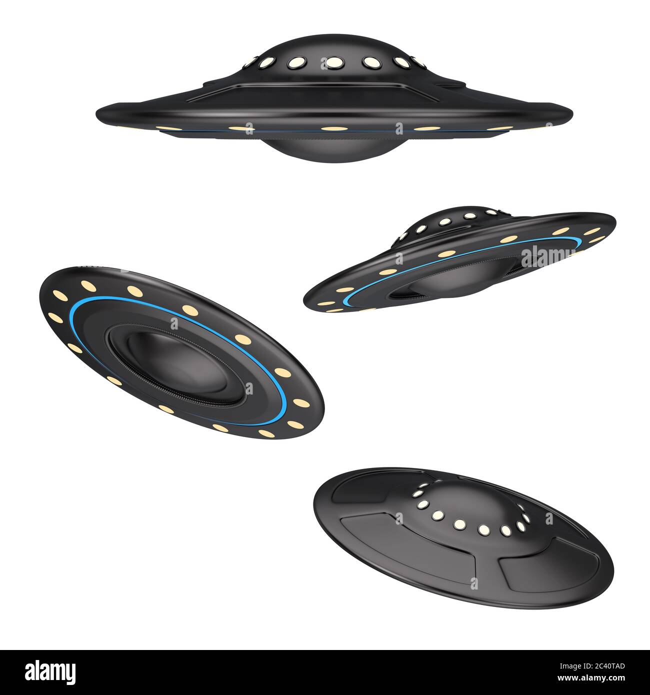 UFO-Konzept. Alien Raumschiff oder fliegende Untertasse auf weißem Hintergrund. 3d-Rendering Stockfoto