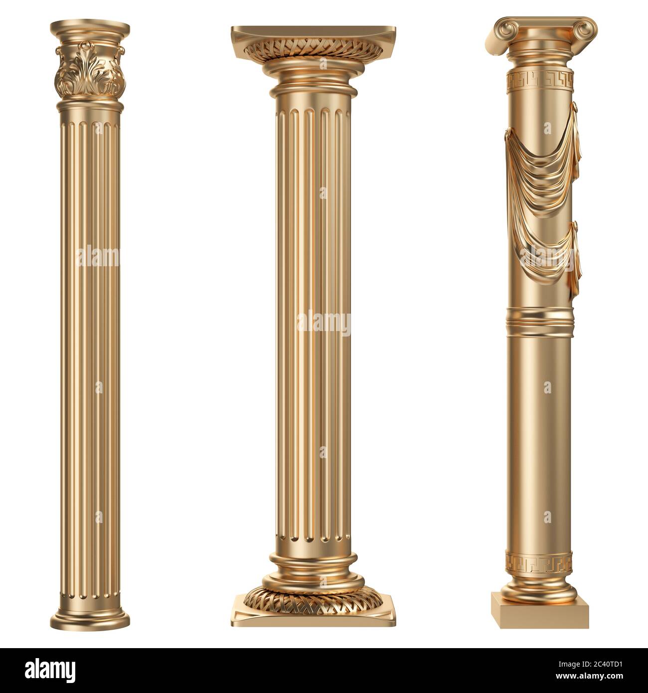 3d European Style Klassisches Muster Goldene Säule. Klassische Säule im europäischen Stil mit weißem Hintergrund. Stockfoto