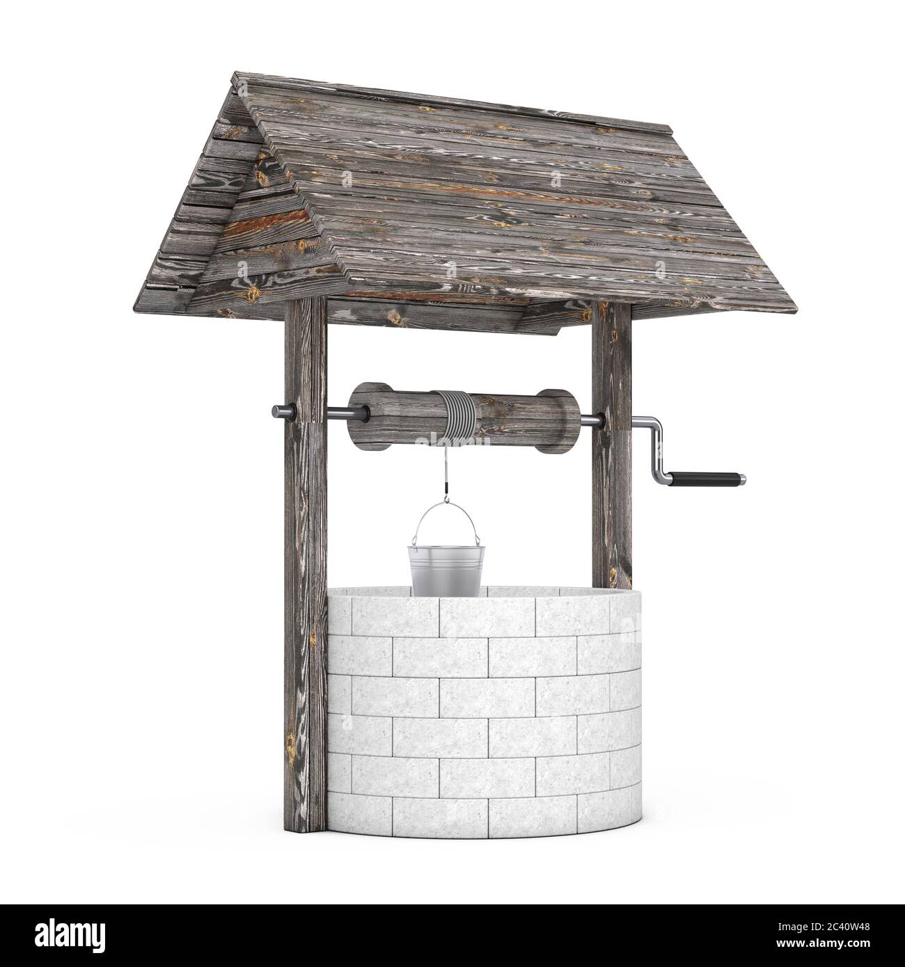 Stein und Holz Brunnen auf weißem Hintergrund. 3d-Rendering Stockfoto