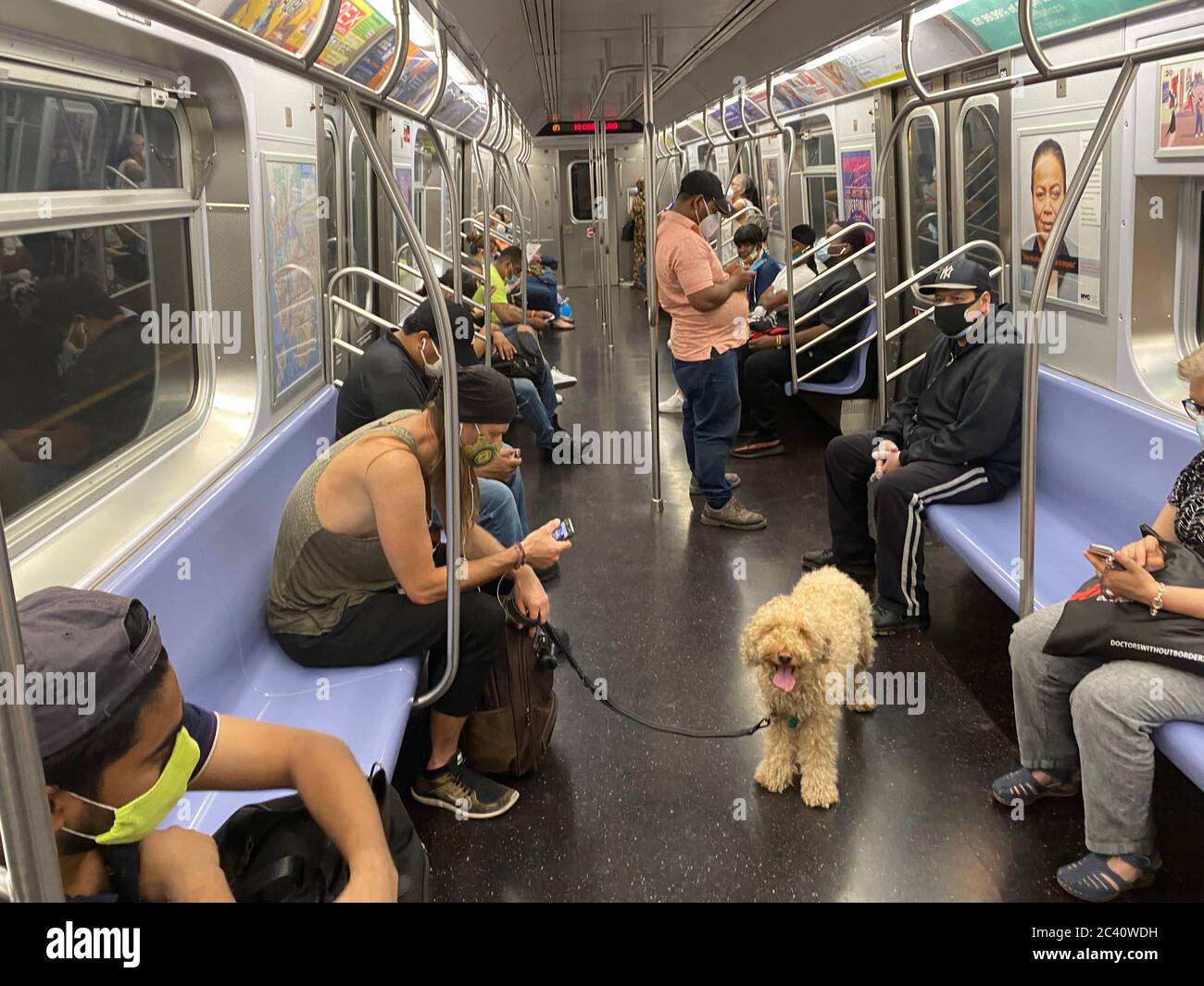 Menschen, die versuchen, soziale Distanzierung zu erhalten, während U-Bahn-Züge beginnen, sich wieder in New York City zu füllen. Stockfoto