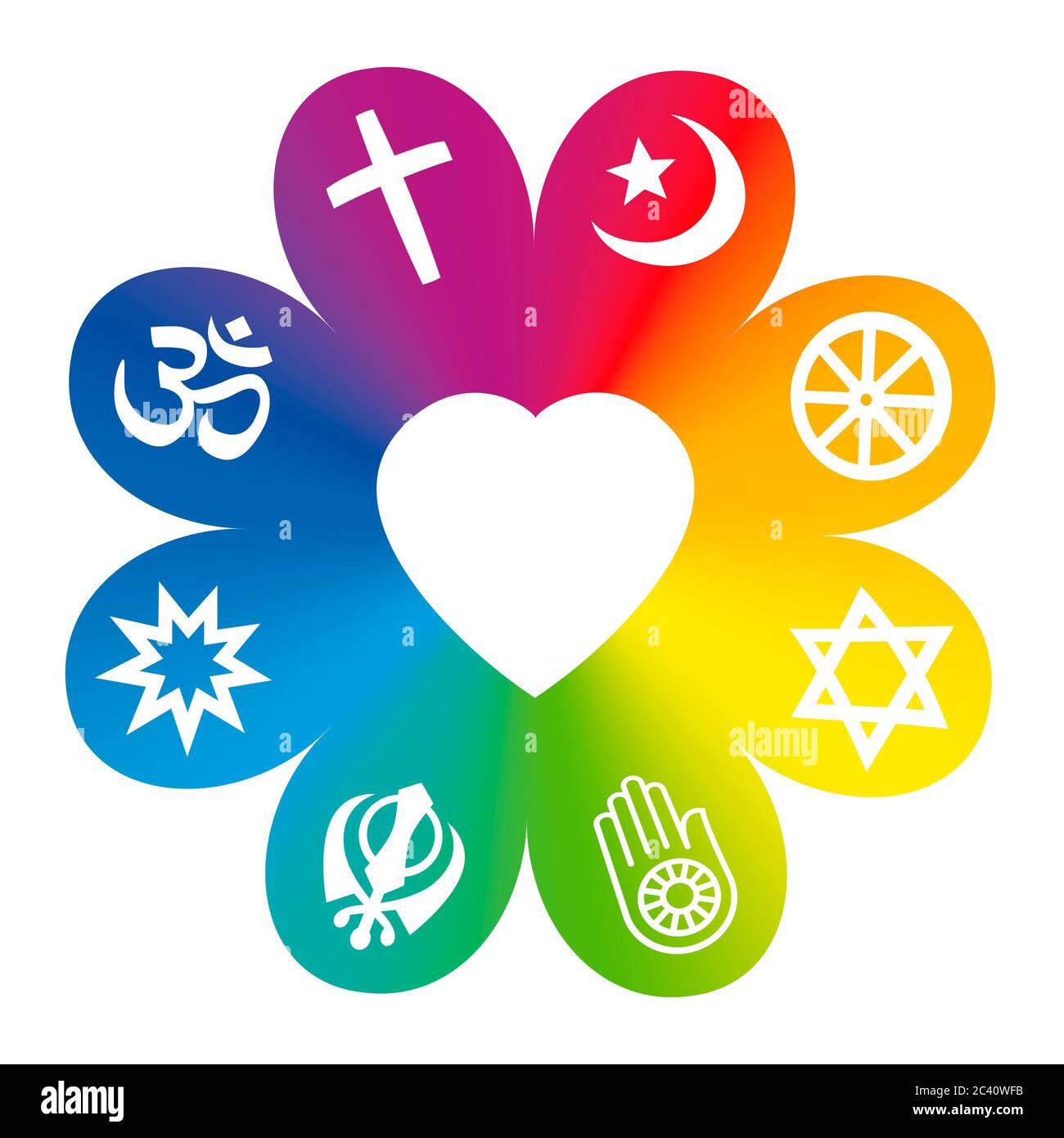 Weltreligionen. Symbole auf einer regenbogenfarbenen Blume mit einem Herz in der Mitte als Symbol für religiöse Einheit oder Gemeinsamkeit. Stockfoto
