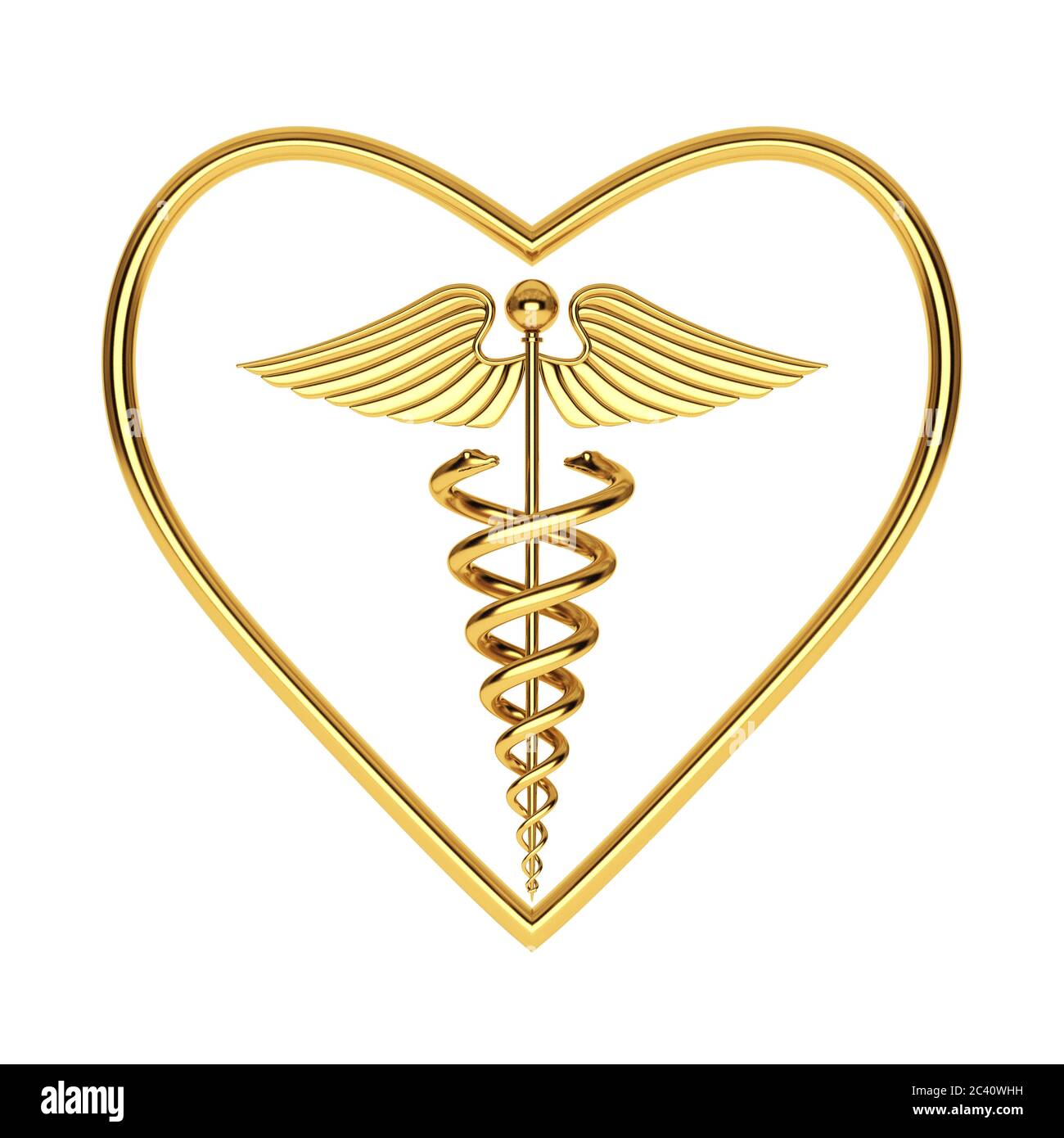 Goldenes medizinisches Caduceus Symbol in Herzform auf weißem Hintergrund. 3d-Rendering Stockfoto