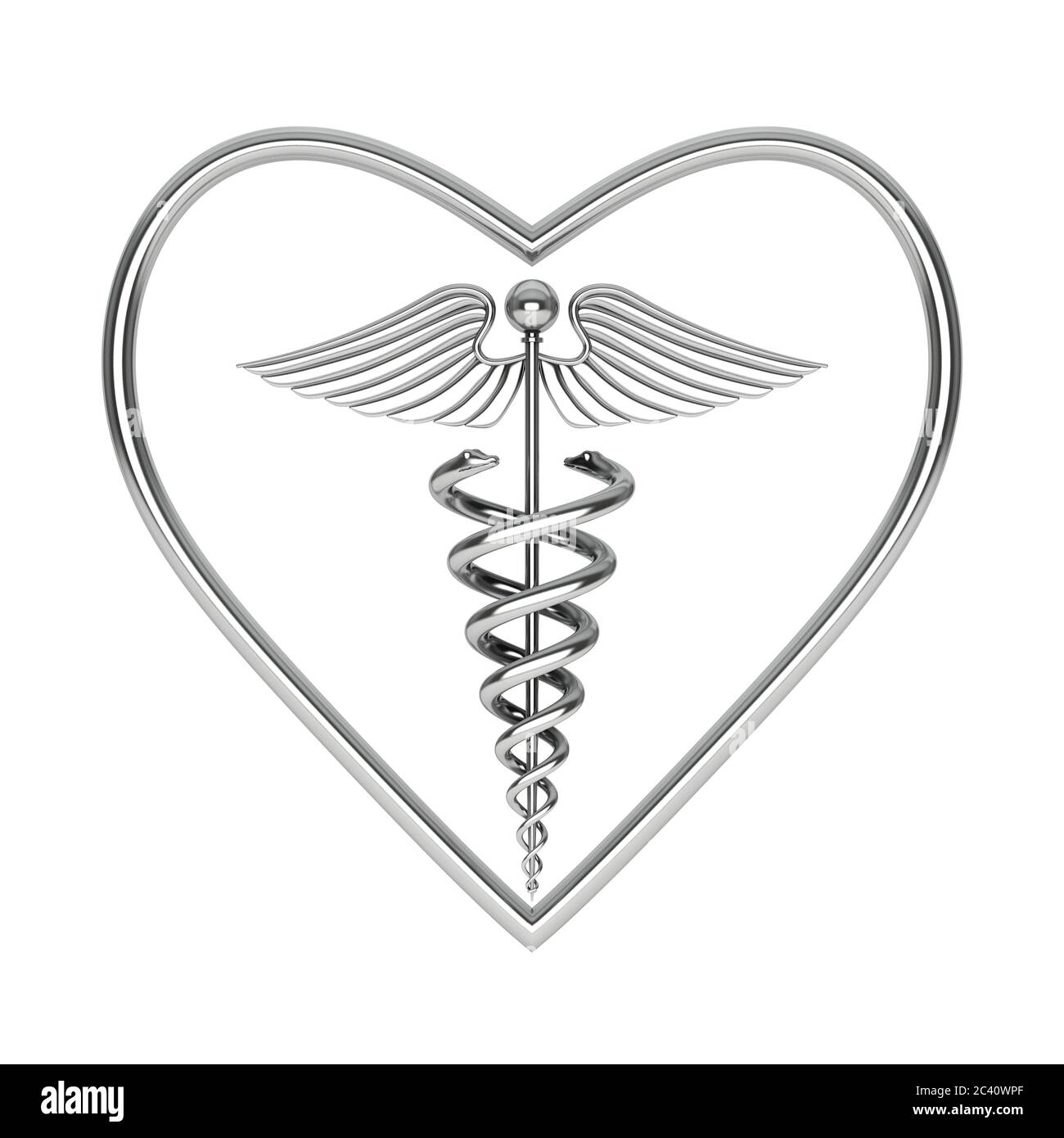 Silber Medical Caduceus Symbol in Form von Herz auf weißem Hintergrund. 3d-Rendering Stockfoto