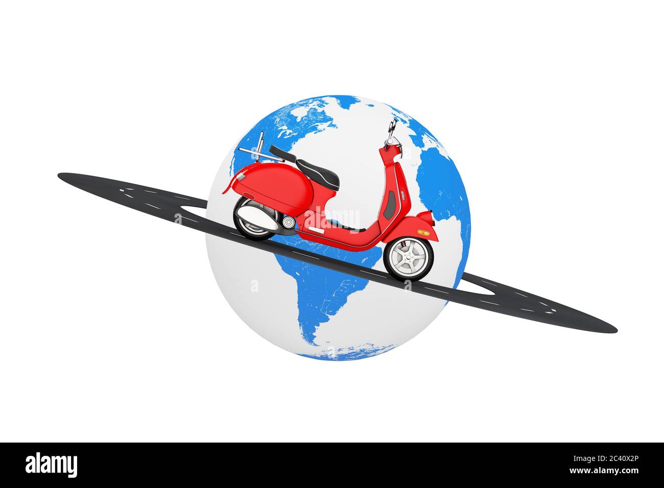 Red Classic Vintage Retro oder Elektro-Scooter über Straße um die Erde Globus auf weißem Hintergrund. 3d-Rendering Stockfoto