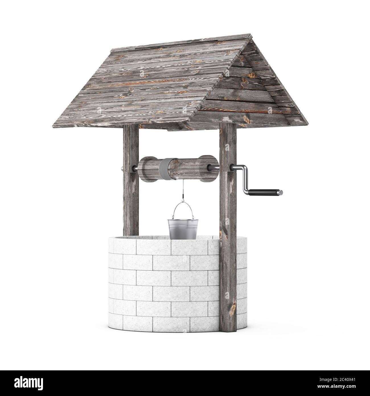 Stein und Holz Brunnen auf weißem Hintergrund. 3d-Rendering Stockfoto