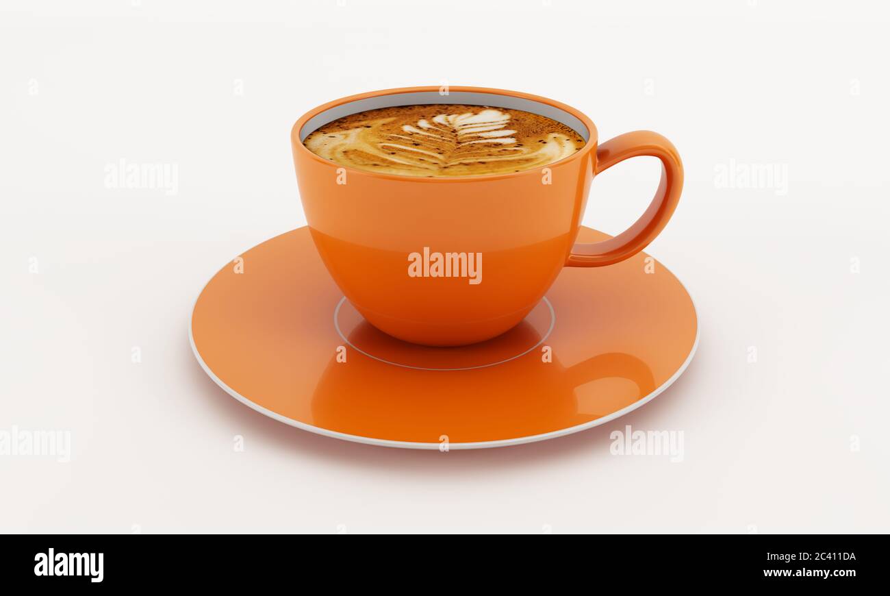 3D-Rendering eines Kürbisgewürzlappes in einer orangen Kaffeetasse Stockfoto