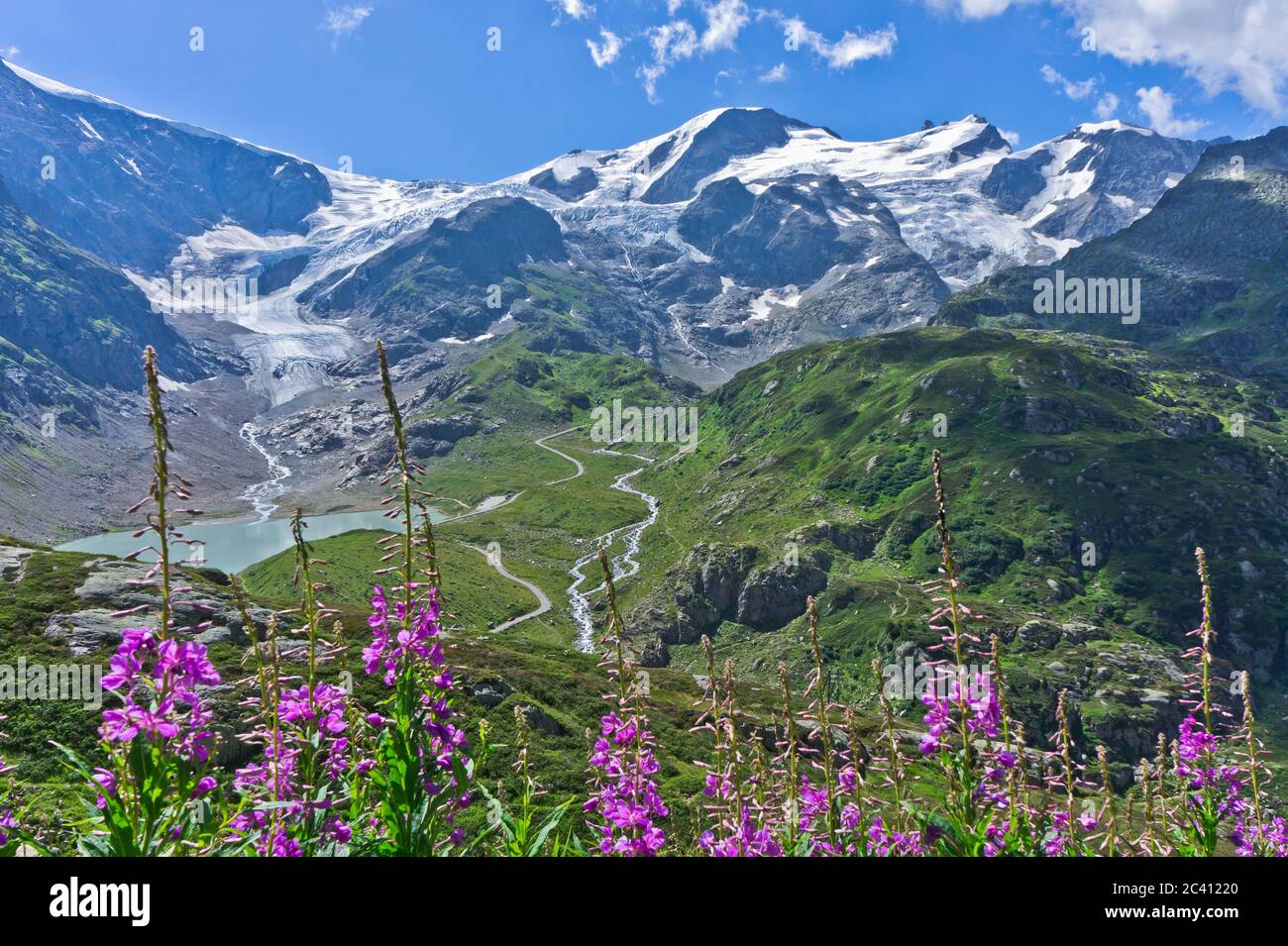 Naturlandschaft mit Seeblick in Alpen, Schweiz Stockfoto