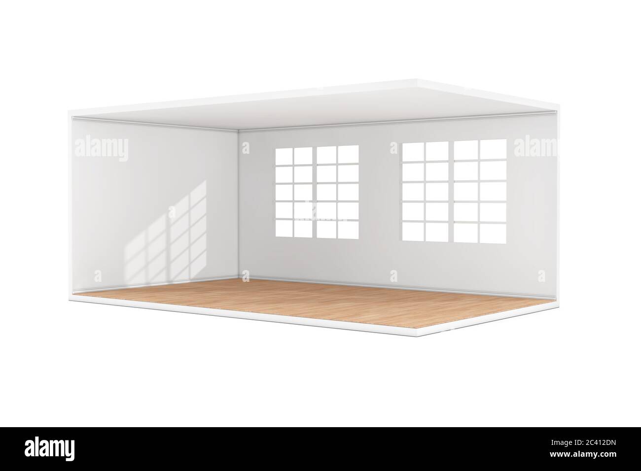 Leeres Zimmer mit großen Fenstern und Holzparkett Boden auf weißem Hintergrund. 3d-Rendering Stockfoto
