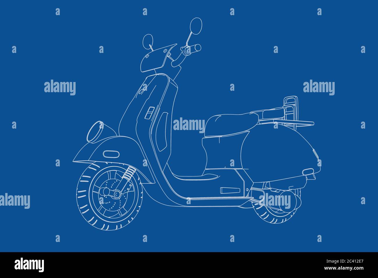Technische Illustration von Wire-Frame Style Classic Vintage Retro oder Electric Scooter Blueprint auf blauem Hintergrund. 3d-Rendering Stockfoto