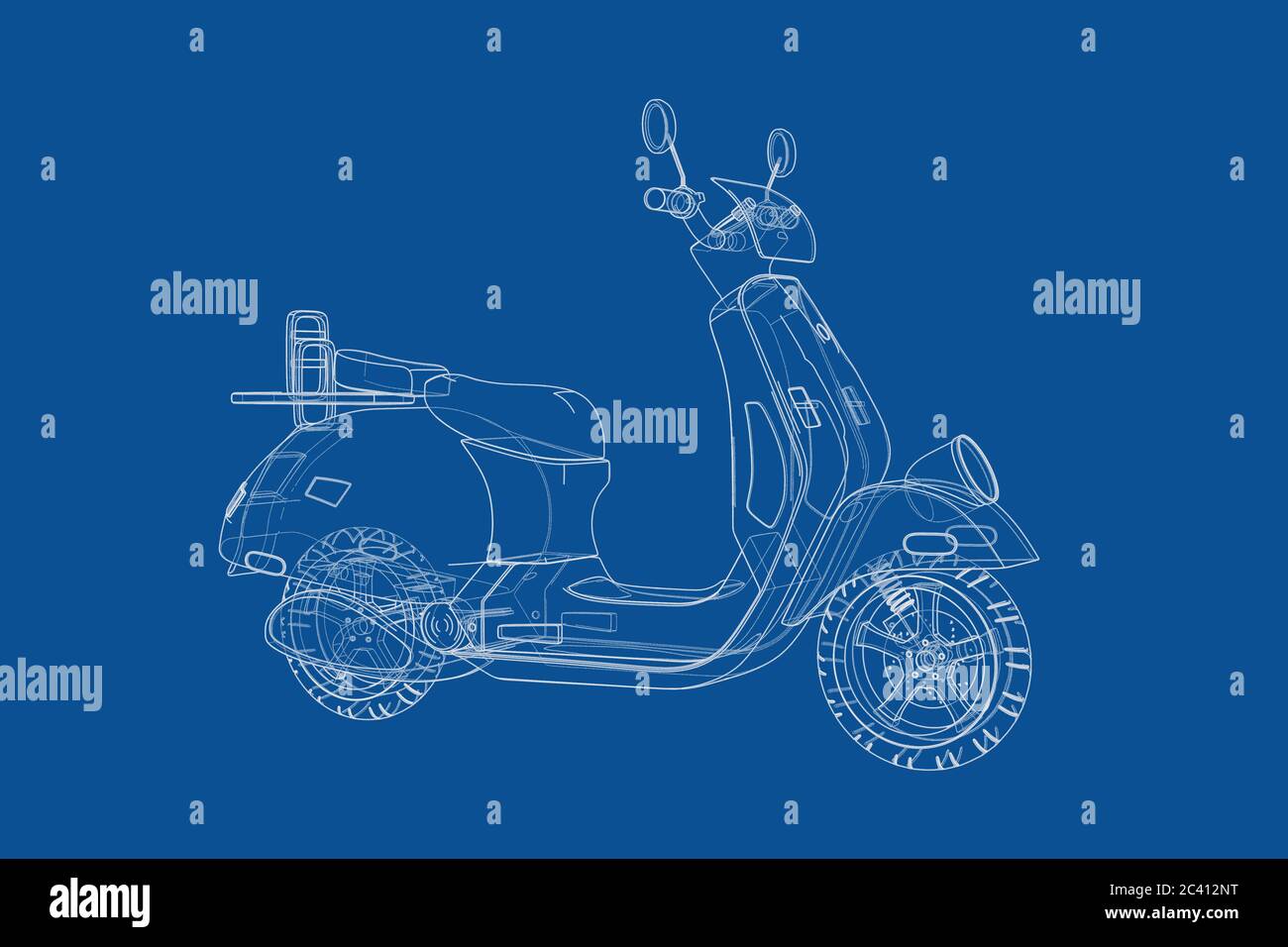 Technische Illustration von Wire-Frame Style Classic Vintage Retro oder Electric Scooter Blueprint auf blauem Hintergrund. 3d-Rendering Stockfoto