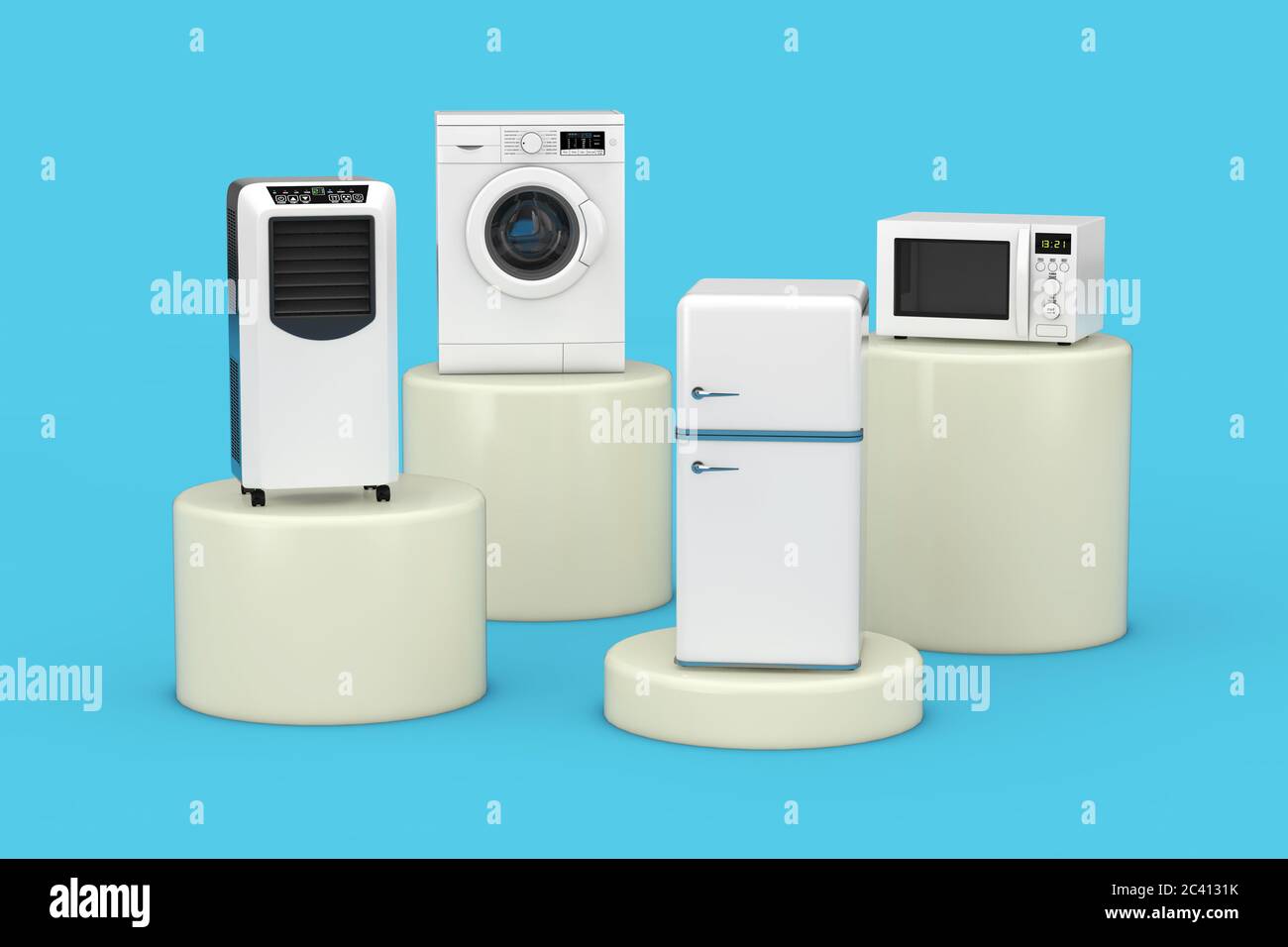 Mobile Conditioner Cooler, Waschmaschine, Kühlschrank und Mikrowelle auf  blauem Hintergrund. 3d-Rendering Stockfotografie - Alamy