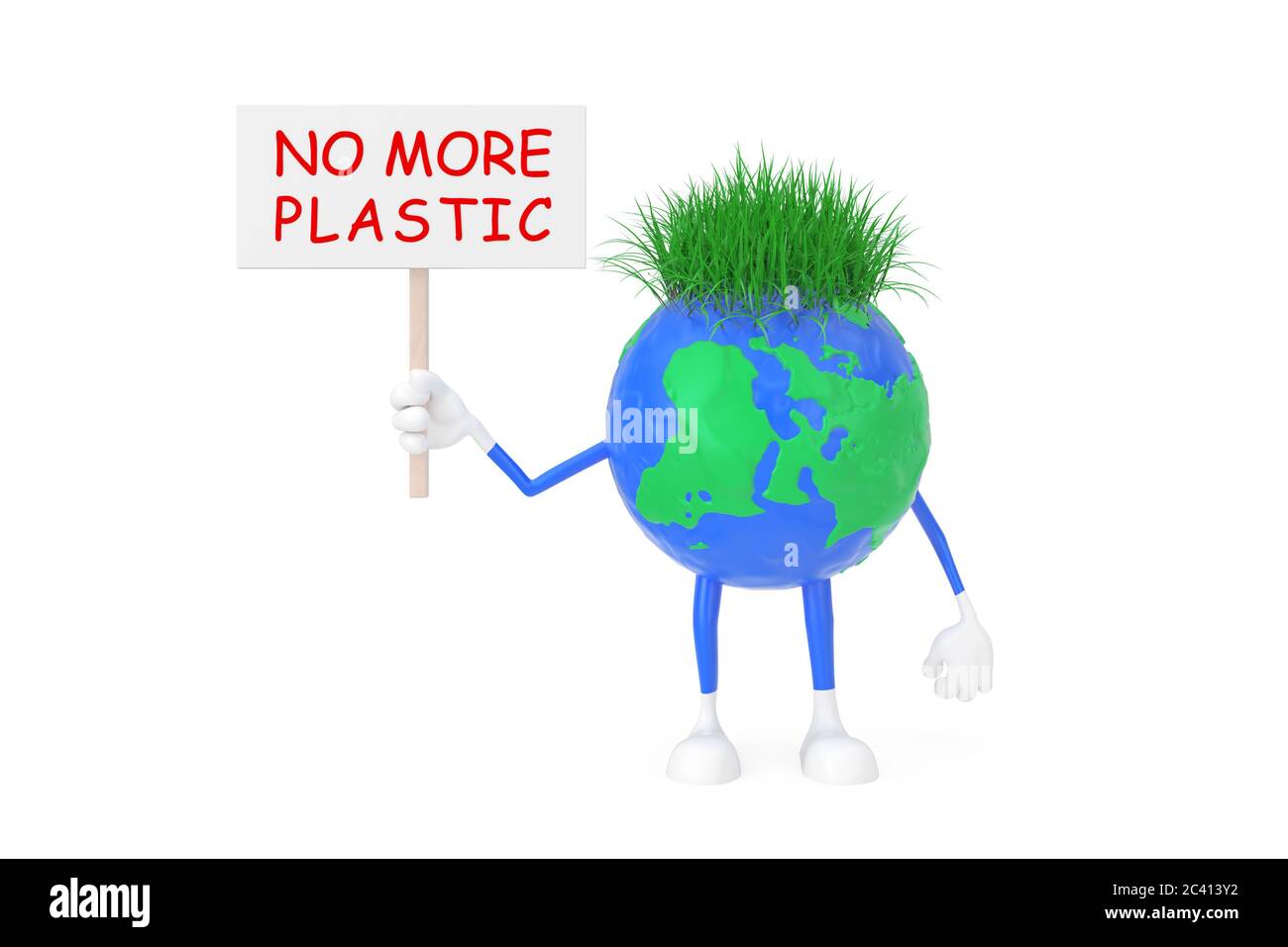 Niedliche Cartoon Spielzeug Plasticine Ton Erde Globus Person Charakter mit Nein Mehr Kunststoff-Banner auf weißem Hintergrund. 3d-Rendering Stockfoto