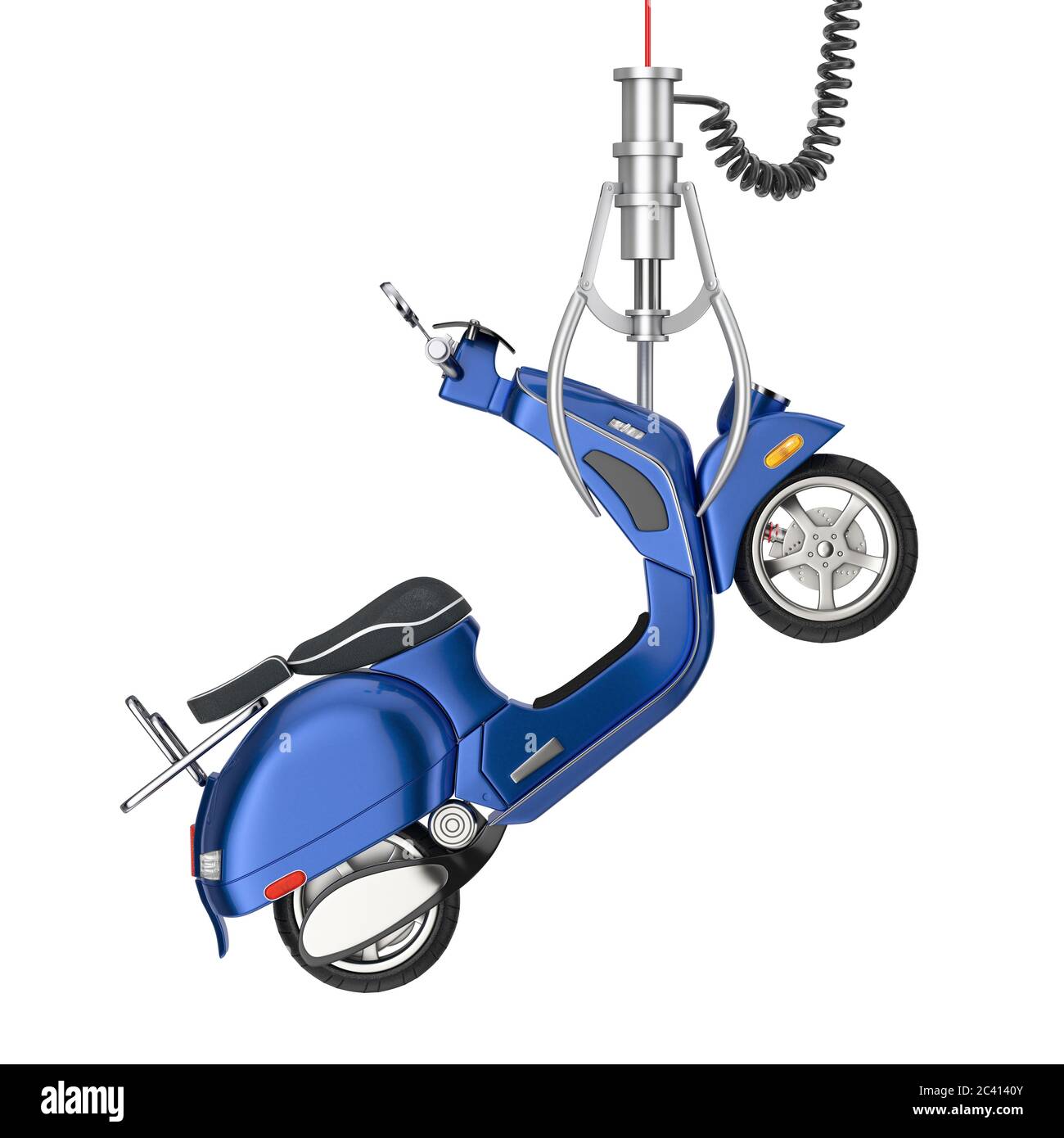 Gewinner-Konzept. Blue Classic Vintage Retro oder Elektroroller in Chrome Roboterklaue auf weißem Hintergrund. 3d-Rendering Stockfoto