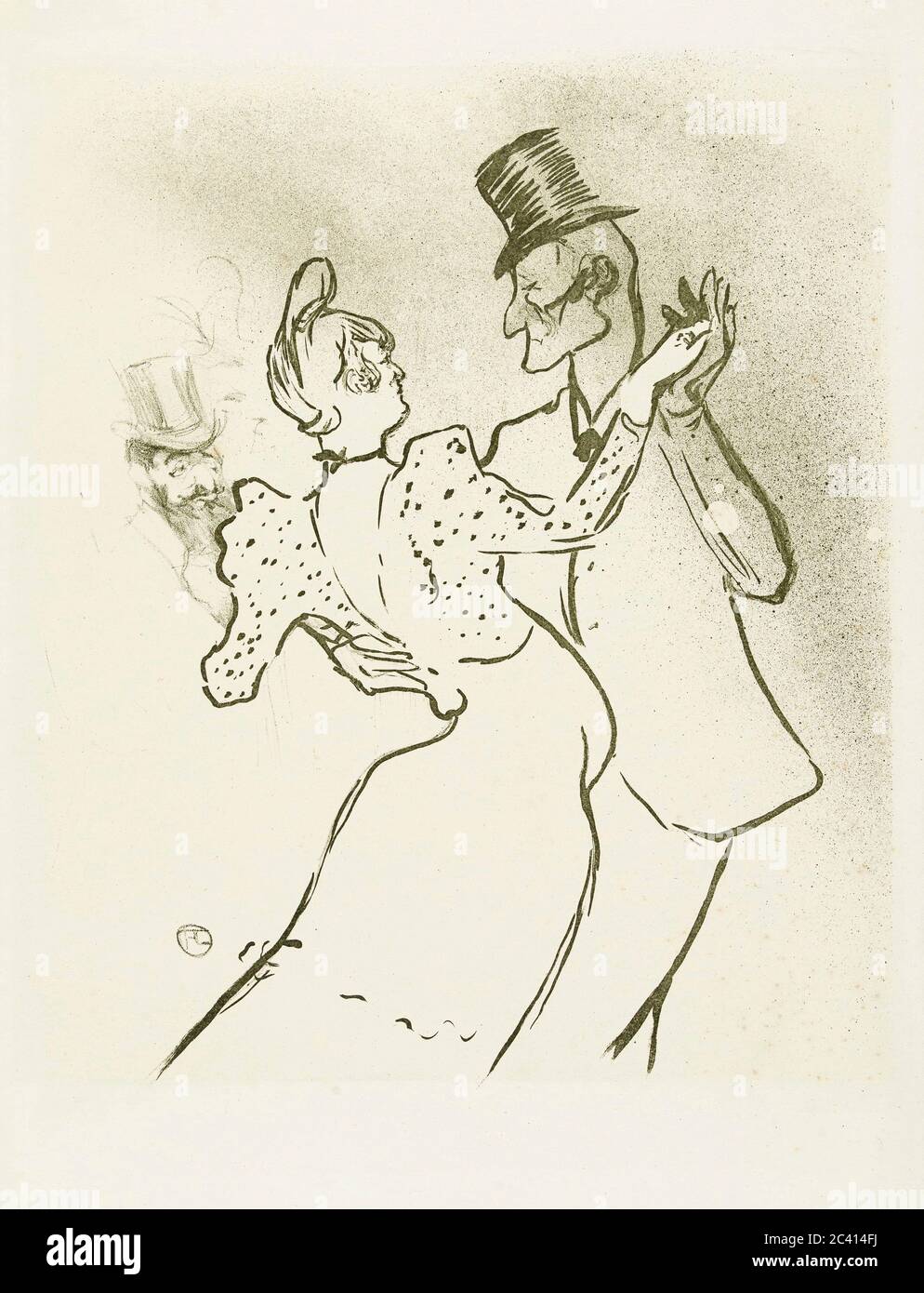La Goulue und Valentin la Desossee. Plakat von Henri de Toulouse-Lautrec. Henri de Toulouse-Lautrec, französischer Künstler, 1864-1901. La Goulue war der Künstlername der Moulin Rouge Tänzerin Louise Weber. Valentin la Desossee war der Künstlername von Jaques Renaudin, der vermutlich einen ganztägigen Job zurückhielt, aber abends im Moulin Rouge tanzte. Stockfoto