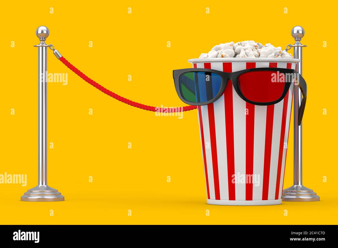 Eimer voller Popcorn in 3D-Brille vor dem Cinema Barrier Rope auf gelbem Hintergrund. 3d-Rendering Stockfoto