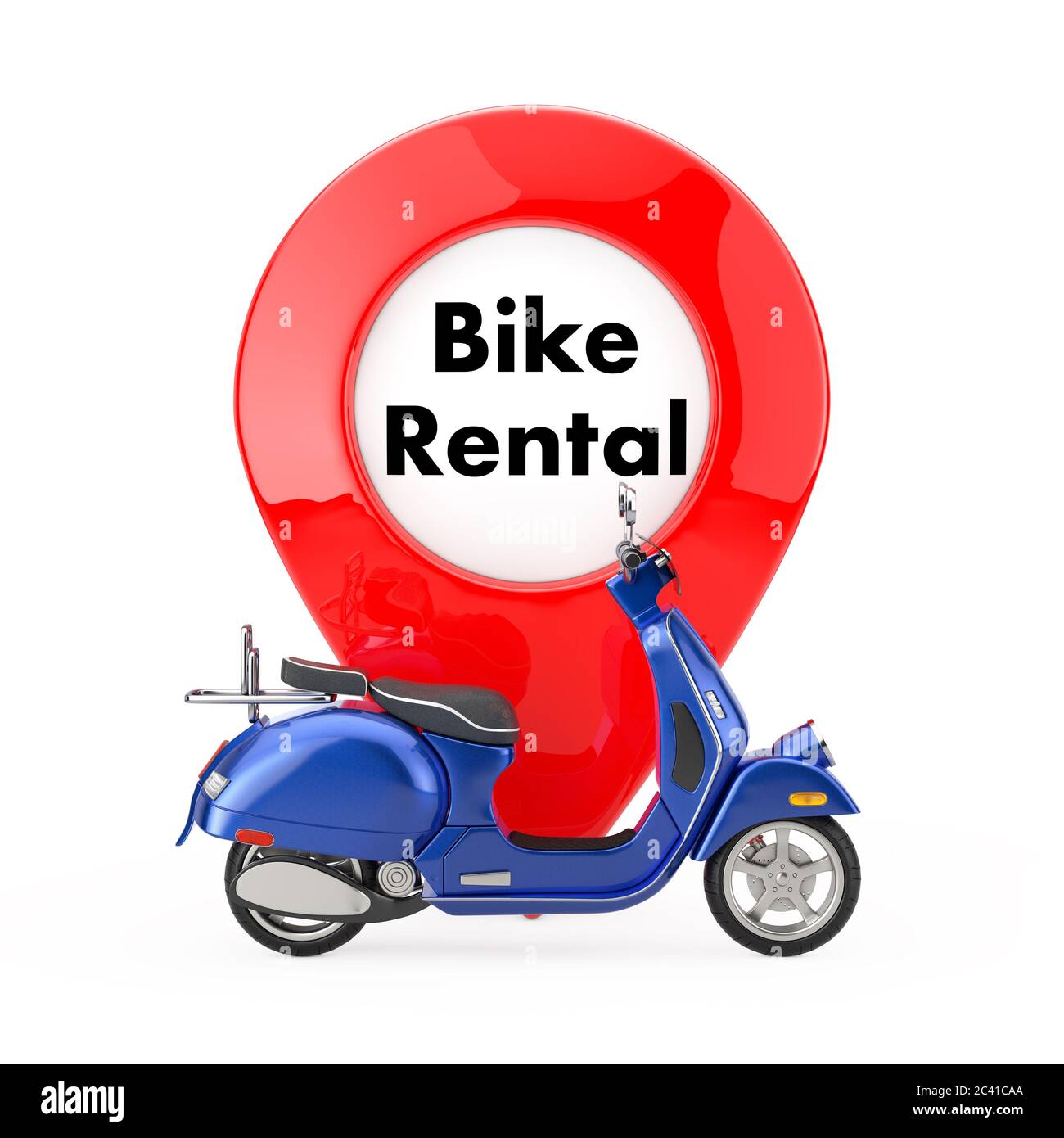 Blue Classic Vintage Retro oder Elektro-Scooter vor dem Kartenzeiger mit Fahrradverleihschild auf weißem Hintergrund. 3d-Rendering Stockfoto