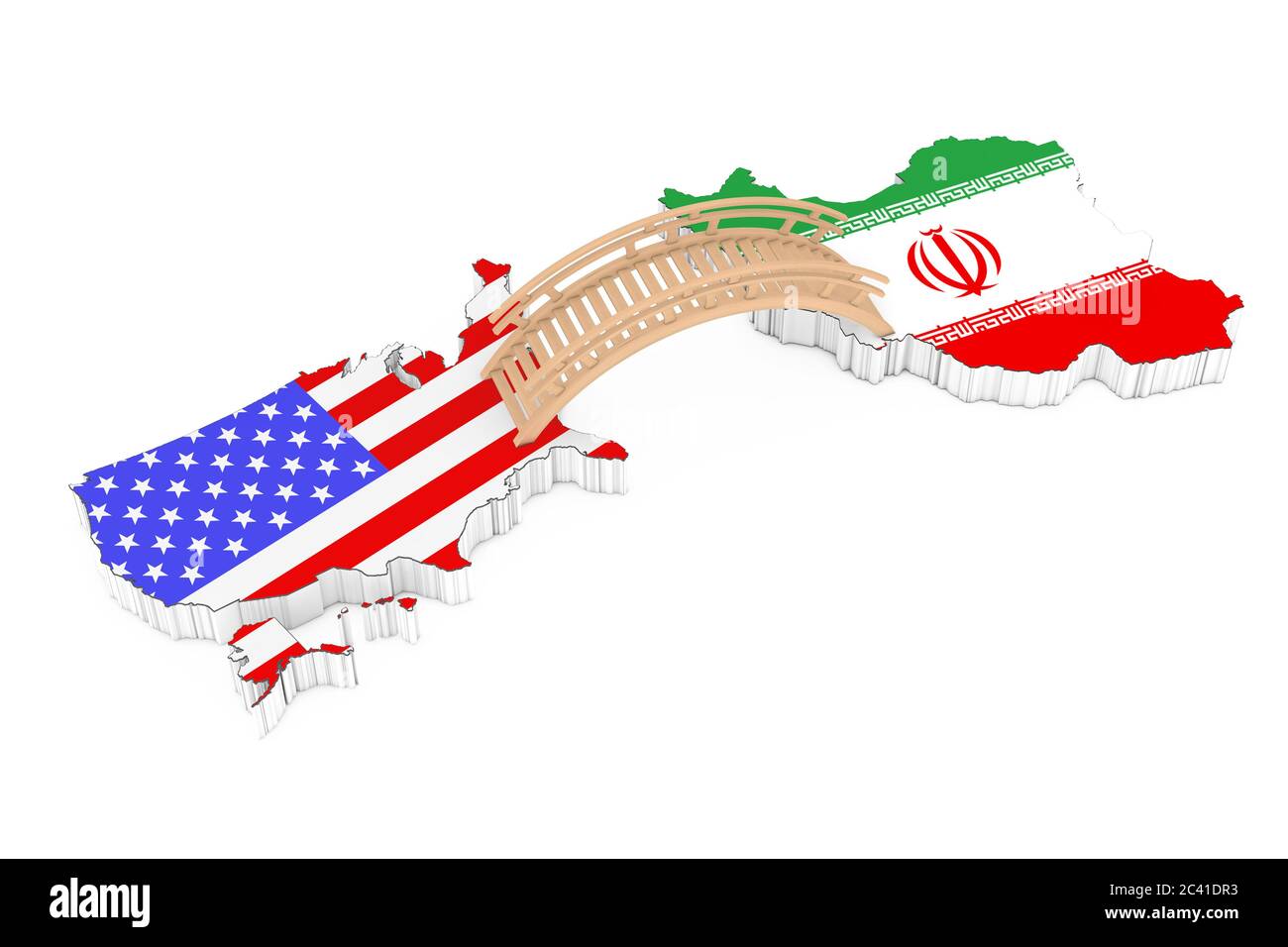 Brücke zwischen USA und Iran auf weißem Hintergrund. 3d-Rendering Stockfoto