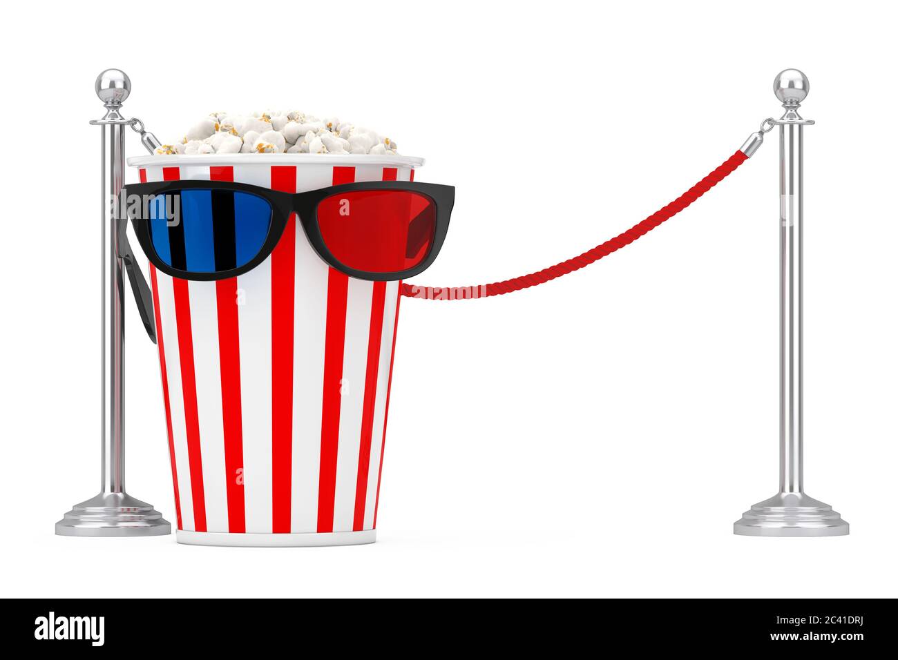 Eimer voller Popcorn in 3D-Brille vor Cinema Barrier Rope auf weißem Hintergrund. 3d-Rendering Stockfoto