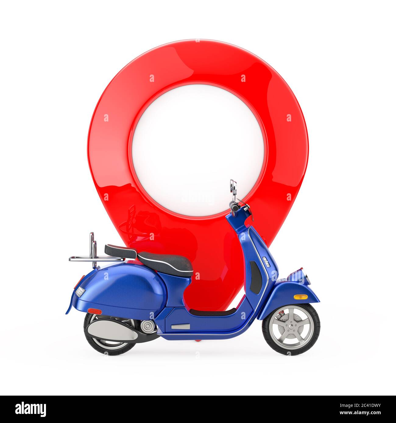 Blue Classic Vintage Retro oder Elektro-Scooter vor dem Kartenzeiger Pin auf weißem Hintergrund. 3d-Rendering Stockfoto