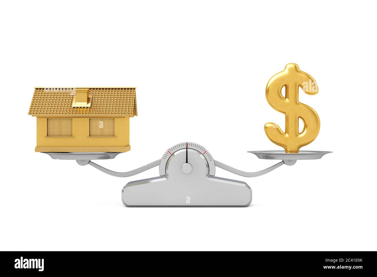 Goldenes Dollar-Zeichen mit Golden House Balancing auf einer einfachen Gewichtungsskala auf weißem Hintergrund. 3d-Rendering Stockfoto