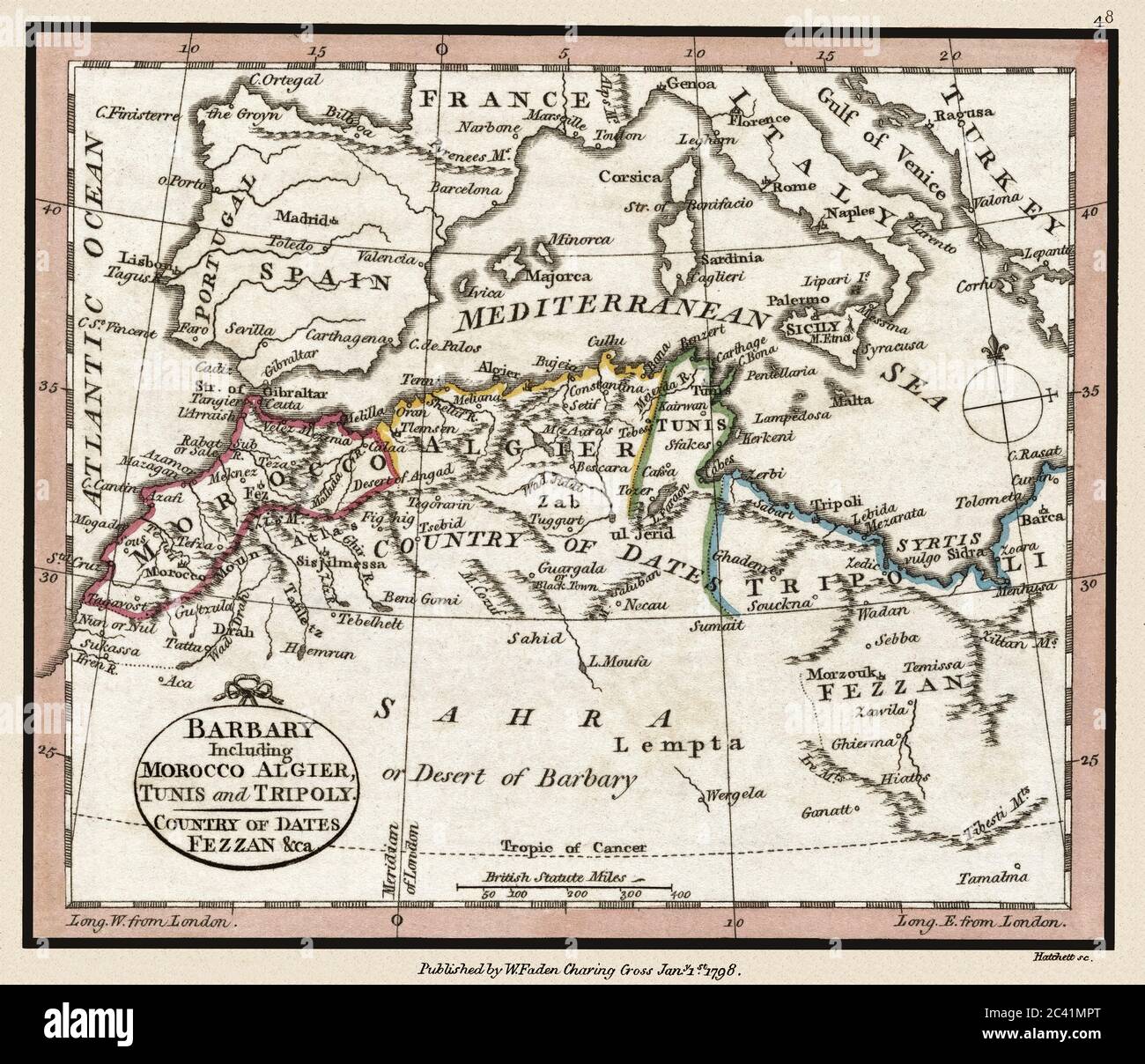 "Barbary einschließlich Marokko Algier, Tunis und Tripoly." Dies ist eine wunderschön detaillierte historische Atlaskarte, die um 1804 veröffentlicht wurde. Stockfoto