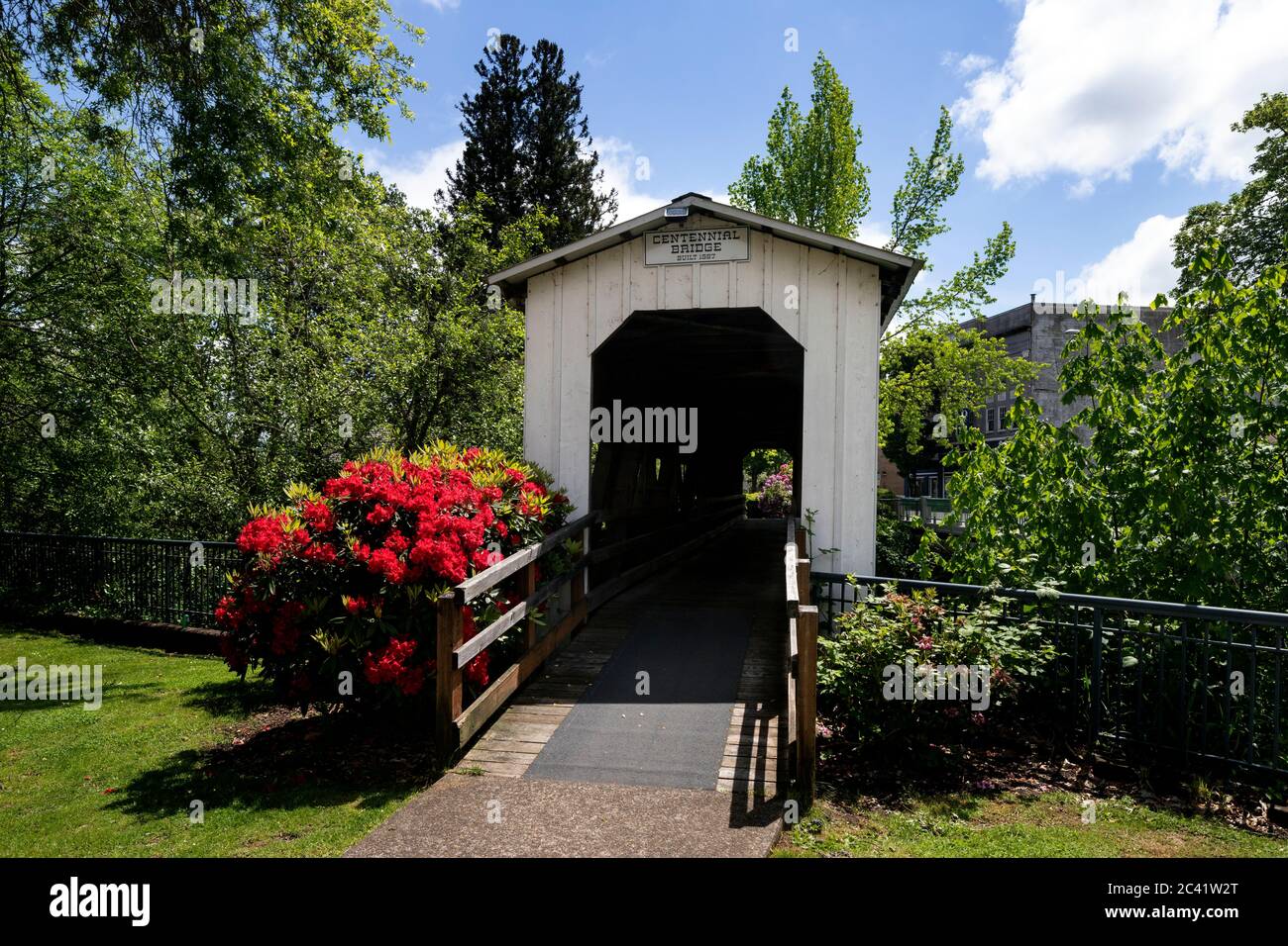 OR02579-00...OREGON - Centennial Bridge über den Coast Fork Willamette River in der Stadt Cottage Grove, Lane County. Stockfoto