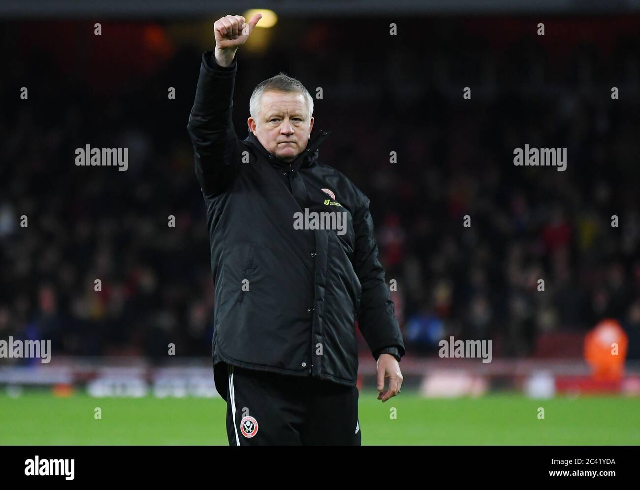 LONDON, ENGLAND - 18. JANUAR 2020: Sheffield manager Christopher John Wilder dargestellt nach dem 2019/20 Premier League Spiel zwischen Arsenal FC und Sheffield United FC im Emirates Stadion. Stockfoto