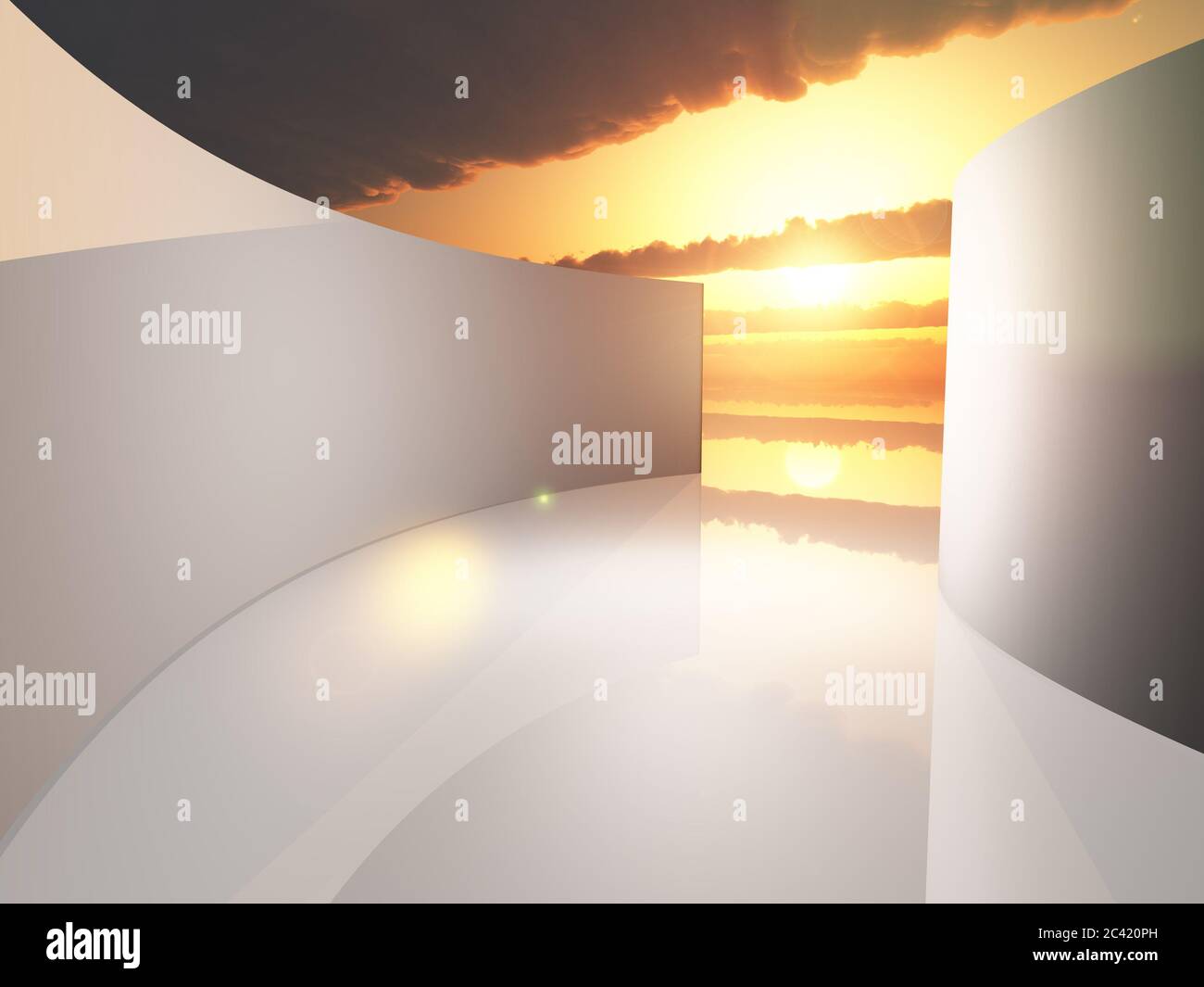 Surreal himmlische Innenausstattung. Moderner Korridor am Himmel Stockfoto