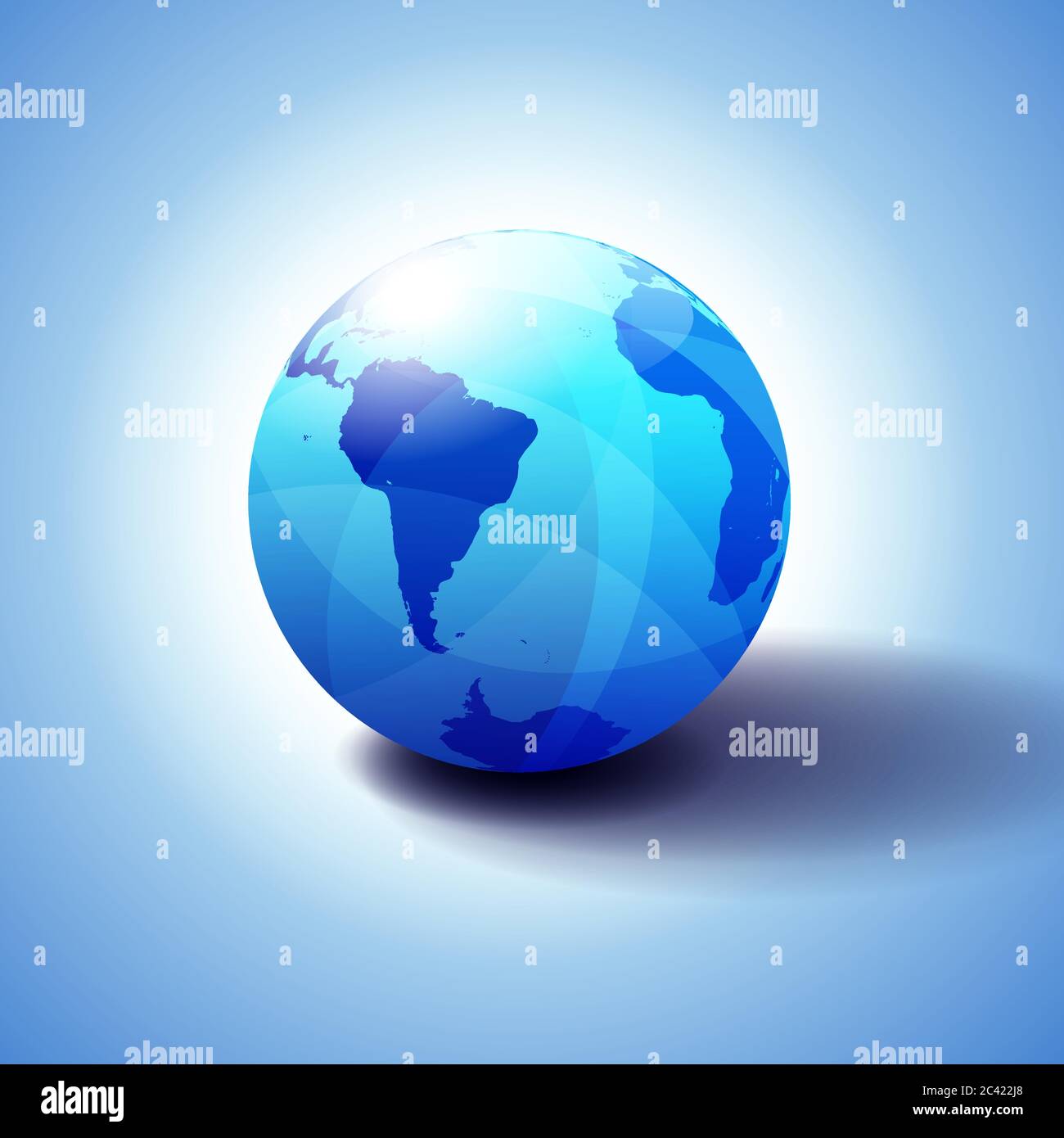 Südamerika und Afrika Global World Globe Icon 3D-Illustration, glänzende, glänzende Kugel mit Global Map in subtilen Blues, die ein transparentes Gefühl gibt Stock Vektor