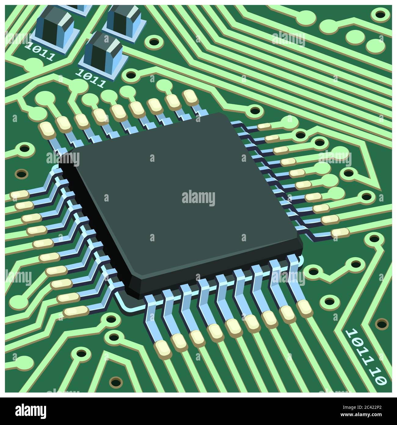 Stilisierte Vektordarstellung des elektronischen Schaltungschips auf der Platine Nahaufnahme Stock Vektor