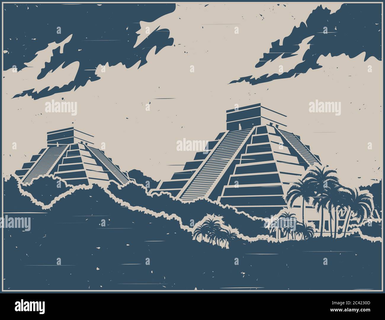 Stilisierte Vektordarstellung der alten Maya-Pyramiden im Dschungel im Retro-Poster-Stil Stock Vektor