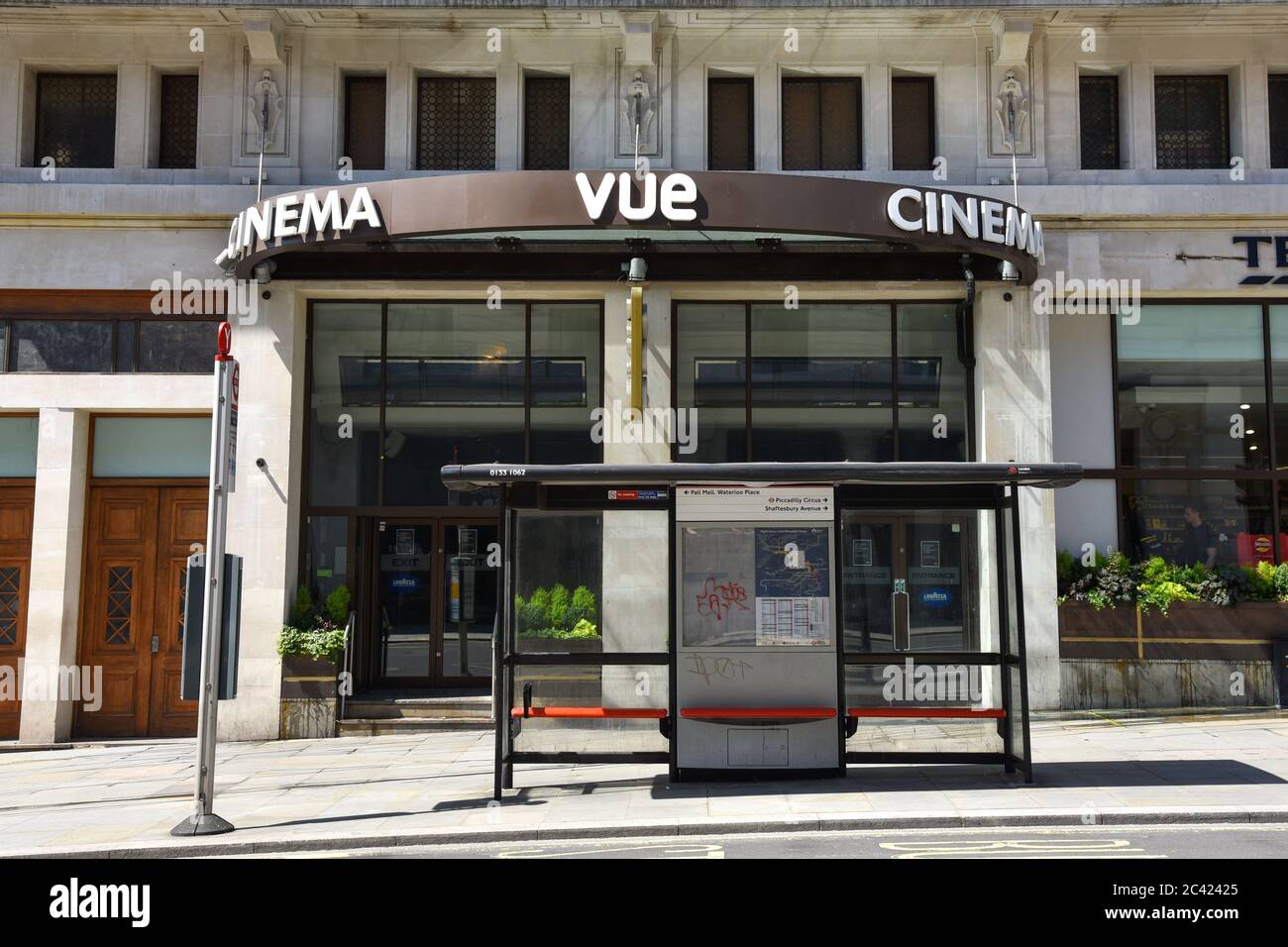 Das Haymarket Vue Kino in London.Vue, Kino der britische Premierminister Boris Johnson kündigte an, dass Kinos ab dem 4. Juli in England wieder eröffnet werden können, da die Coronavirus Lockdown Ease eingeschränkt ist. Stockfoto