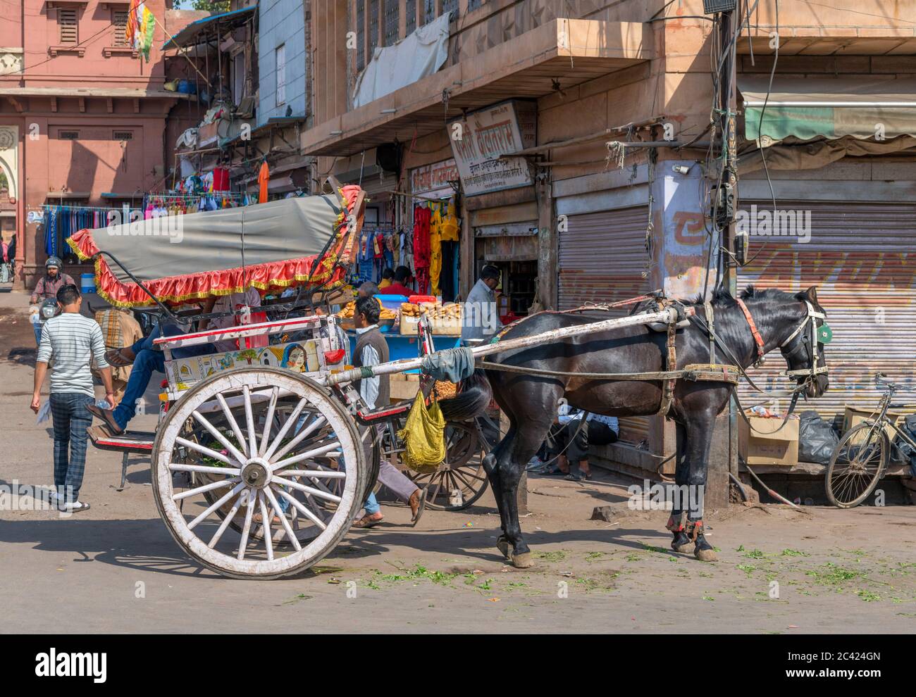Pferd und Wagen auf Nai Sarak, eine belebte Straße im Stadtzentrum in der Nähe des Sardar Market, Jodhpur, Rajasthan, Indien Stockfoto