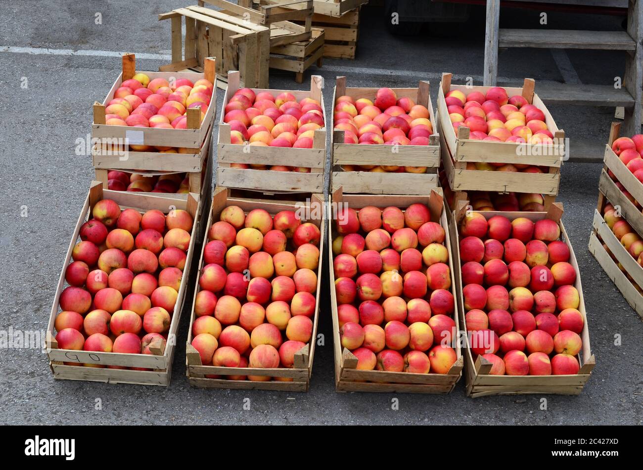 Frische, Bio-rote Äpfel in Holzkisten auf dem Großmarkt, bereit zum Verkauf Stockfoto