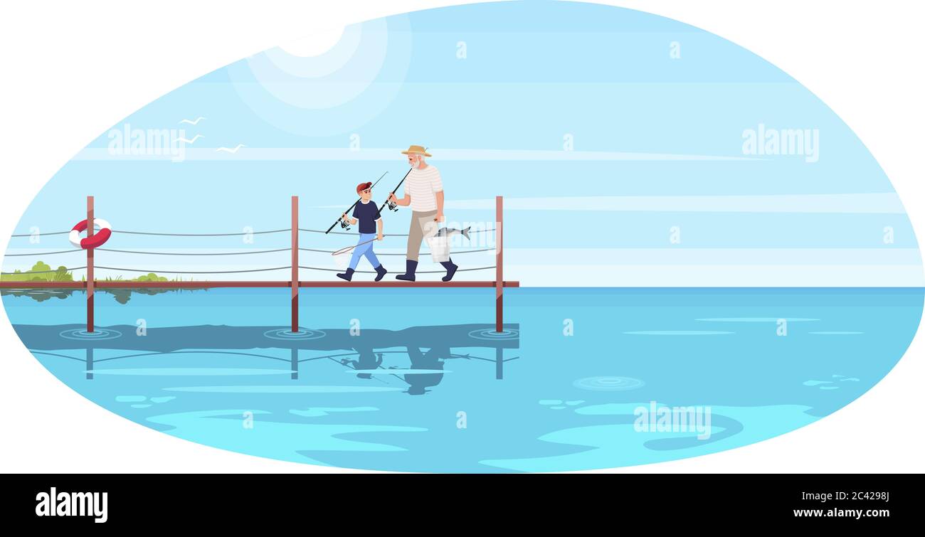 Familienwanderung auf Brücke semi flach Vektor-Illustration Stock Vektor