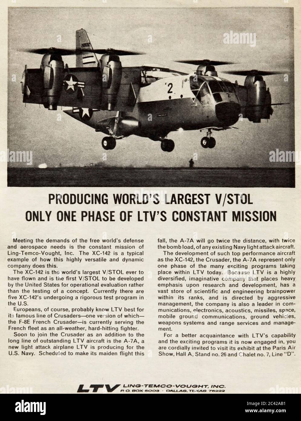 Vintage-Werbung für das amerikanische LTV (Ling-Temco-Vought) XC-142 Experimental V/STOL Flugzeug. Stockfoto