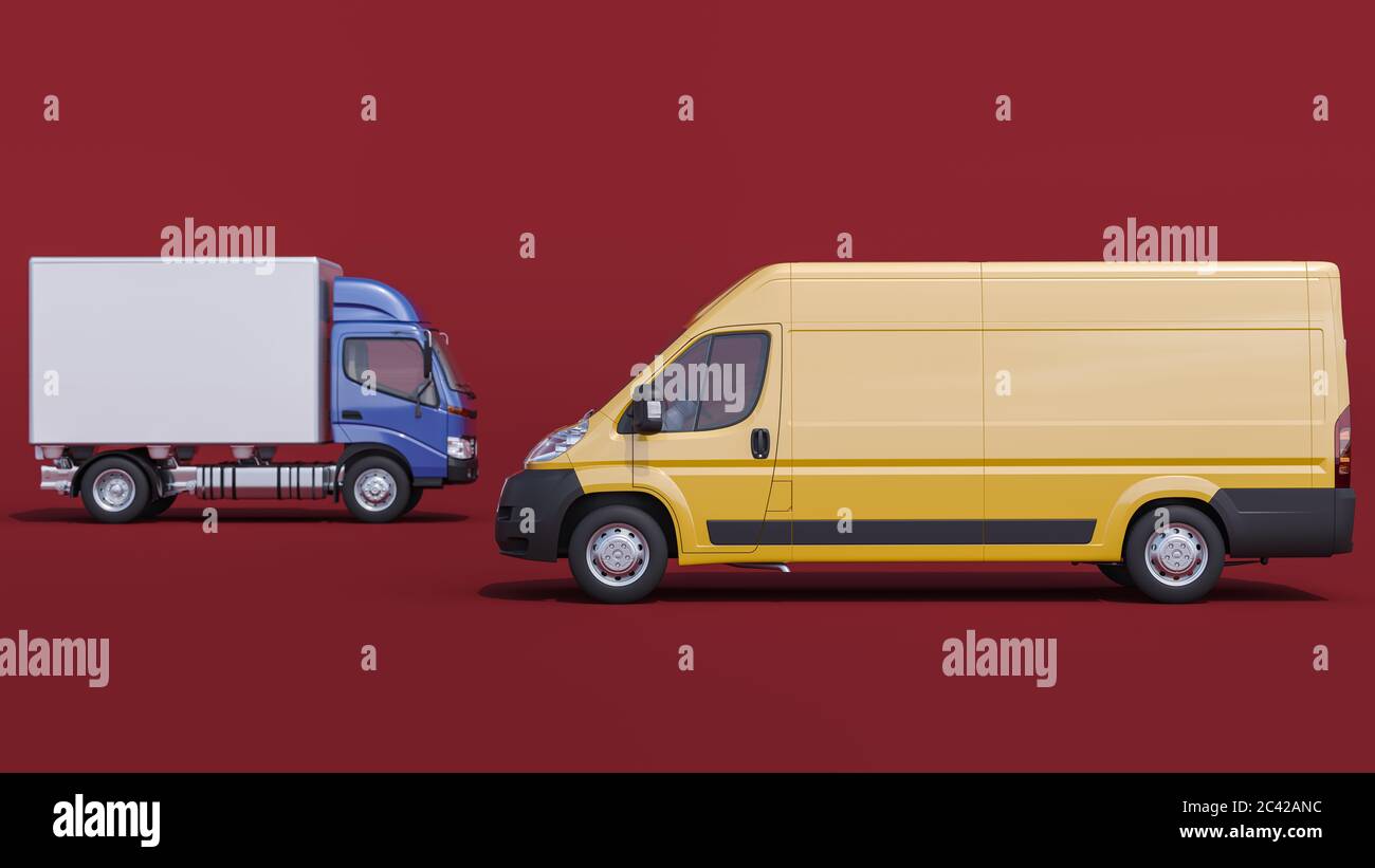 Seitenansicht der aufgereihten Delivery Vans 3D-Rendering Stockfoto