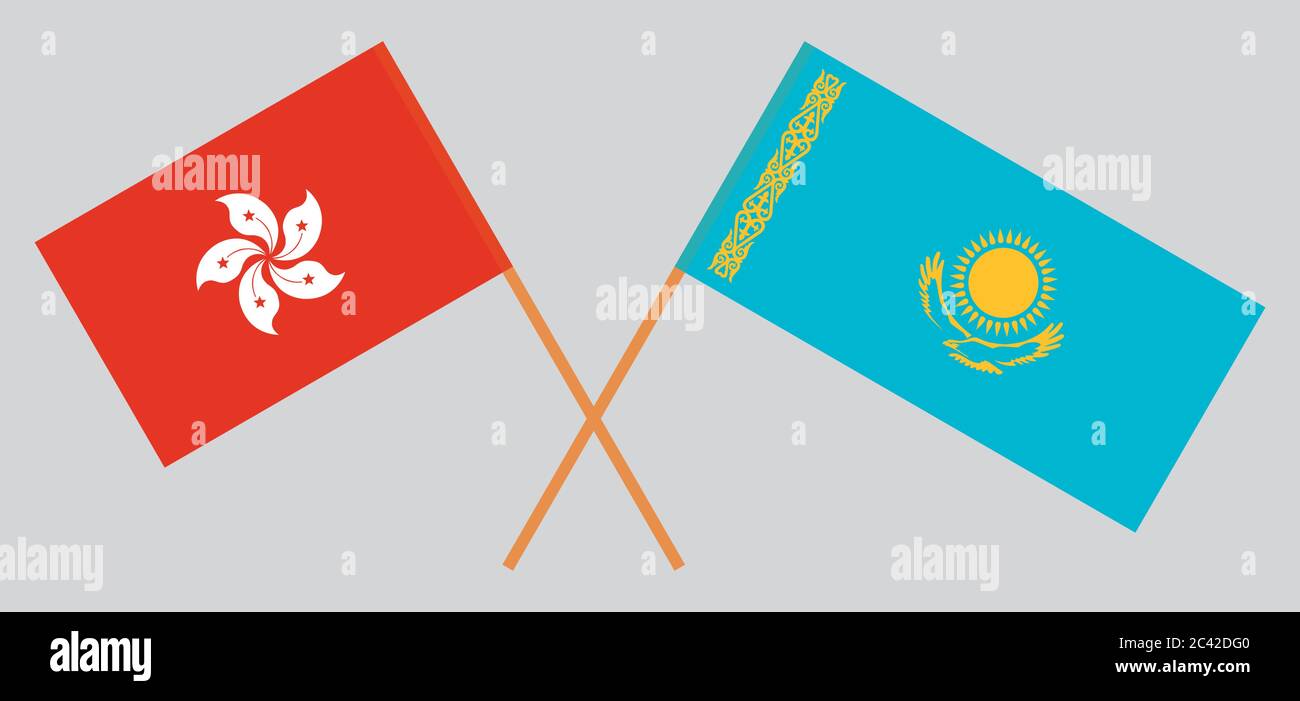 Gekreuzte Flaggen von Kasachstan und Hongkong. Offizielle Farben. Korrektes Verhältnis. Vektorgrafik Stock Vektor
