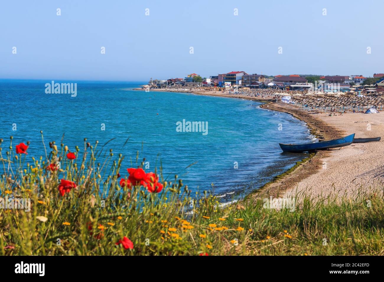 Schwarzes Meer, Rumänien. Panoramablick auf den Strand von Vama Veche. Stockfoto