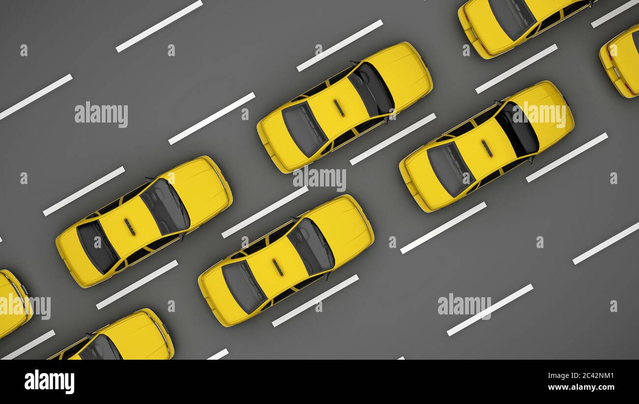 Reihen von gelben Taxiwagen Draufsicht. 3d-Rendering Stockfoto