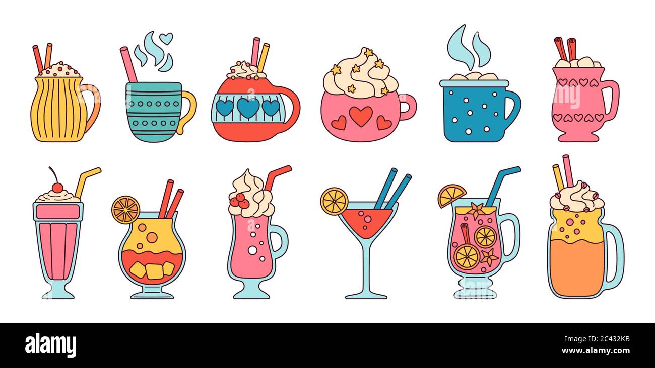 Trinken Sommer flach bunte Linie Set. Linear Cartoon Getränke heiß, frisch. Süße Becher Kakao, Kaffee Milch, Sahne und Glühwein, Alkohol. Partygetränke mit Süßigkeiten, Marshmallow. Vektorgrafik Stock Vektor