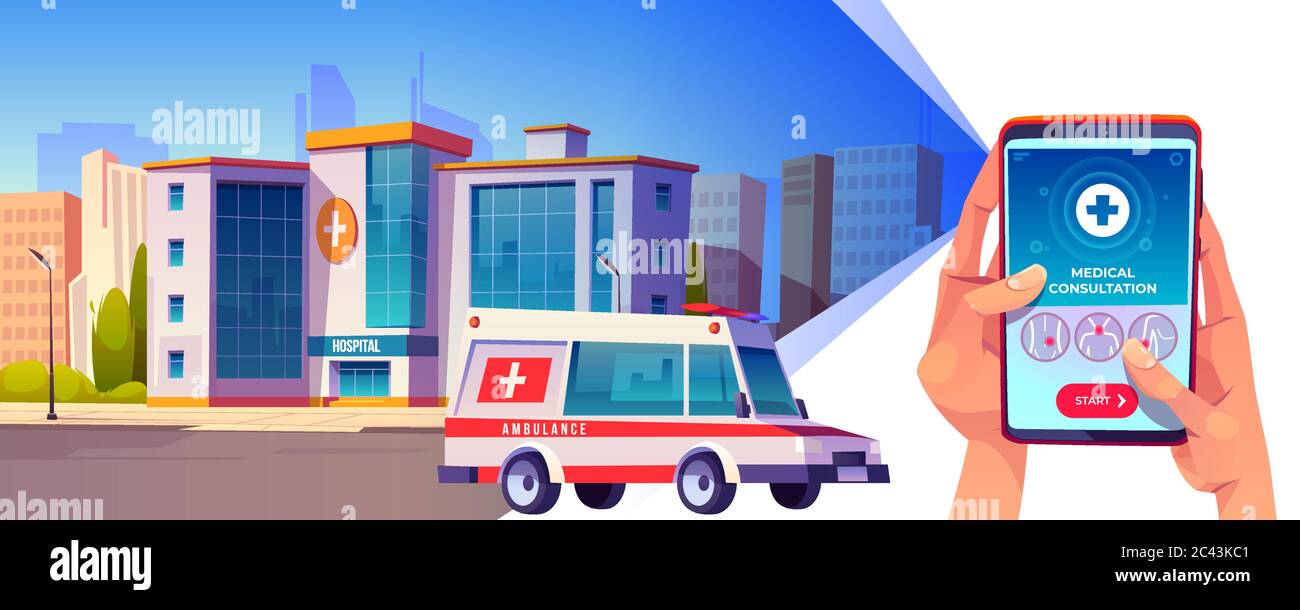 Online-medizinische Beratung App. Hände halten Smartphone mit Anwendungsschnittstelle auf städtischen Hintergrund mit Krankenwagen auf Stadtstraße fahren. Medizin, Krankenhaus-Call-Service, Cartoon-Vektor-Illustration Stock Vektor