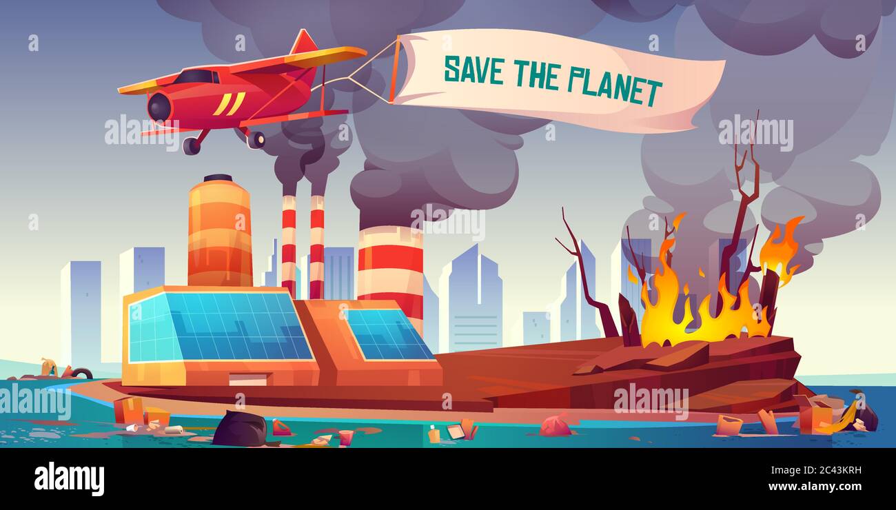 Fliegendes Flugzeug mit Banner Rette den Planeten vor dem Hintergrund von schwarzem Rauch aus der Fabrik, schmutziger Küste, die durch Abfall und Waldbrand verschmutzt ist. Umweltkatastrophe, Luftverschmutzung und Meeresverschmutzung, Entwaldung Stock Vektor