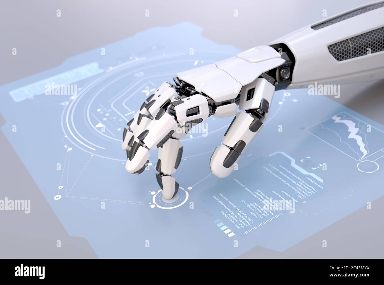 Roboterhand mit futuristischem Touchscreen. 3D-Illustration Stockfoto